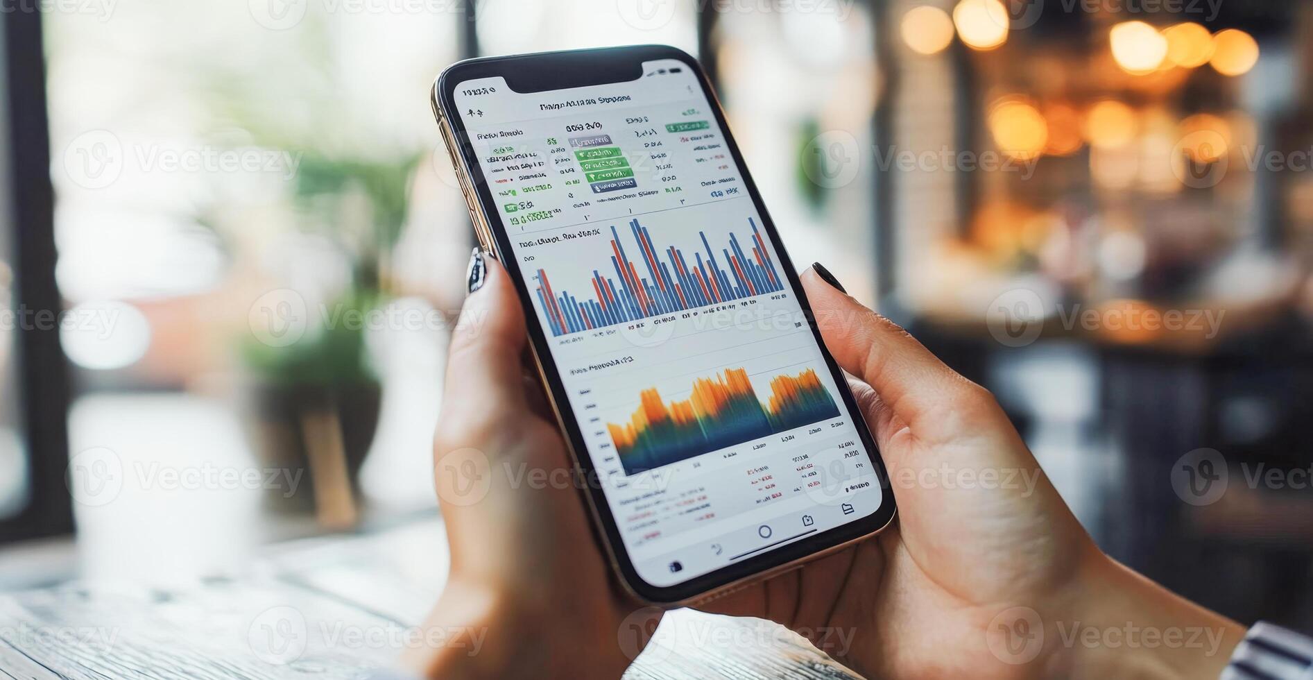 A person is holding a smartphone displaying a banking application. The screen features various graphs and transaction information related to financial statements. photo