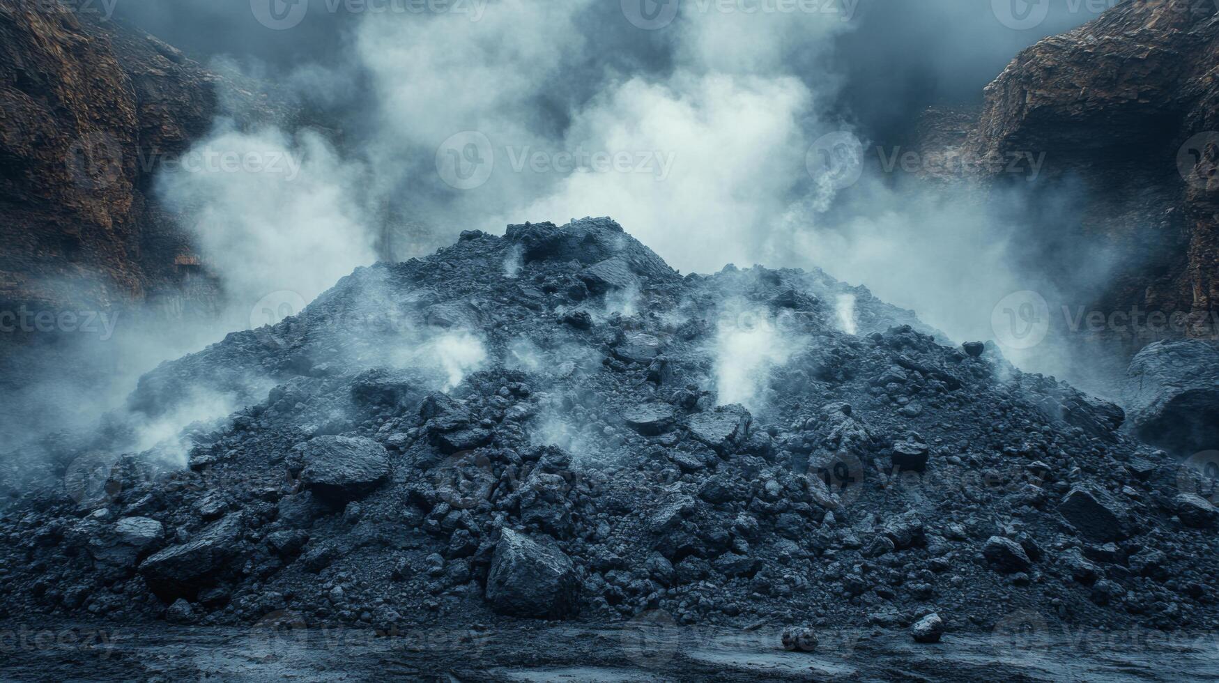 A coal mound rises in a mining area, with steam emerging, illustrating the extraction of minerals. Heavy machinery is likely present, engaged in quarry operations. photo