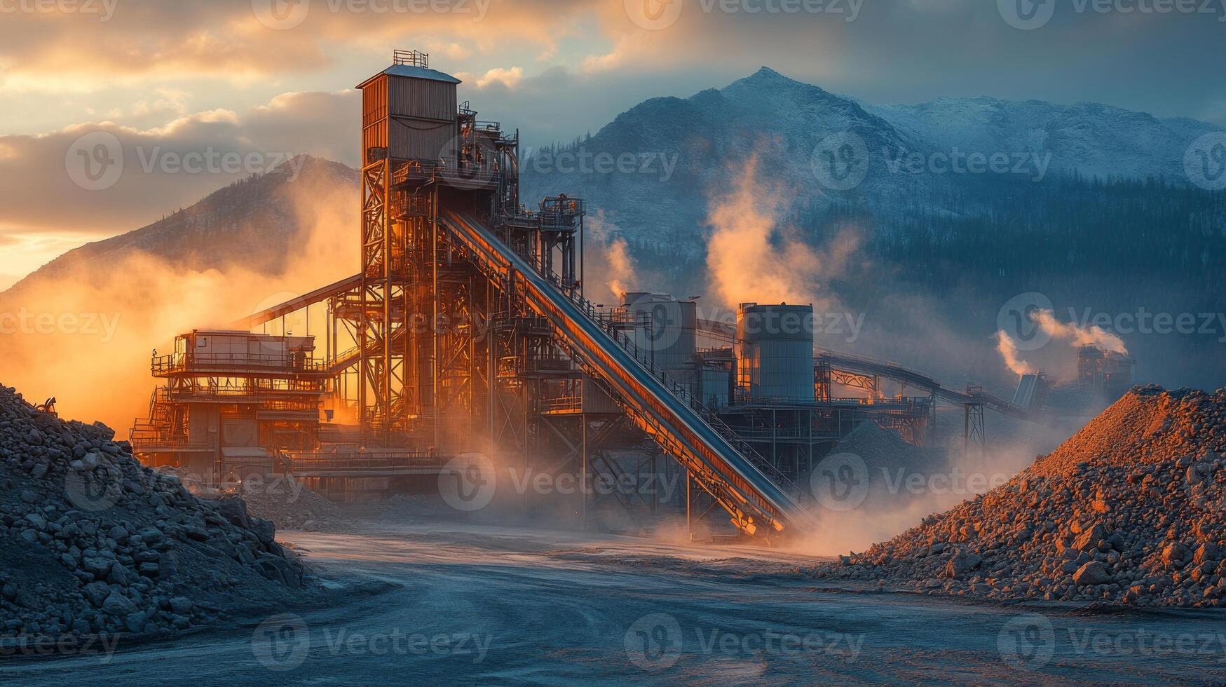 A mining and processing site is illuminated by the setting sun, with dust and steam rising as heavy machinery is engaged in mineral extraction. Nearby, piles of crushed rock are visible. photo