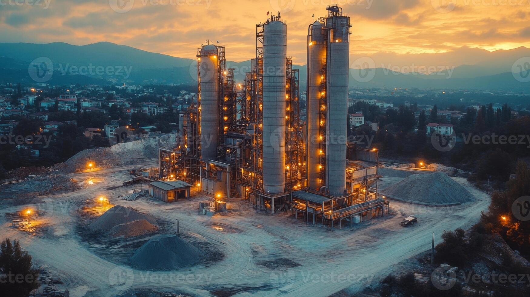 This industrial complex features multiple silos and machinery dedicated to the extraction and processing of minerals. The setting is illuminated by the warm sunset, highlighting the infrastructure. photo