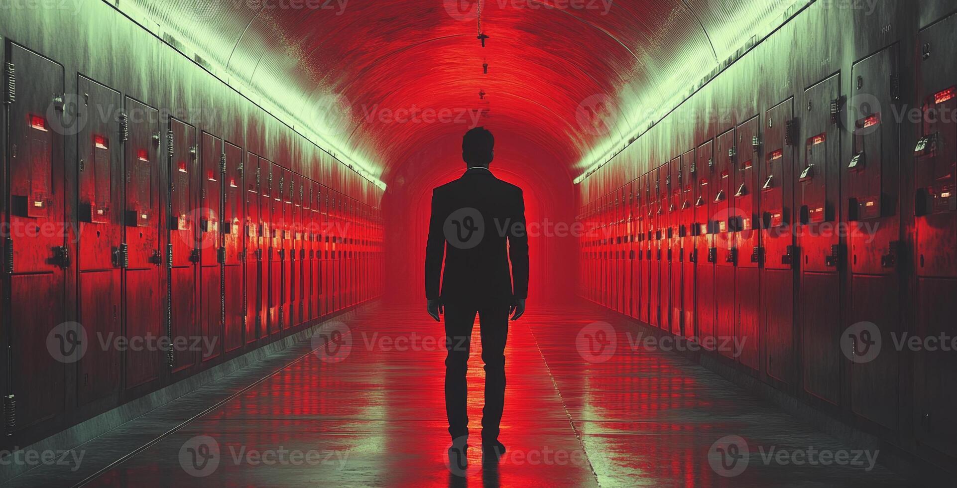A person stands at the end of a long, dimly lit corridor illuminated by red lights. Metal lockers line the walls, hinting at some form of banking or transaction environment. photo