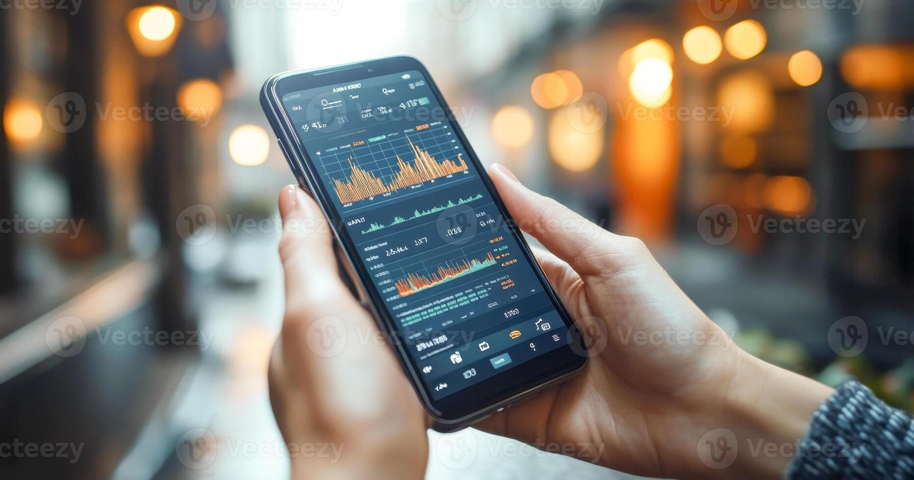A person holds a smartphone displaying a banking app with transaction details and financial graphs. The background features an urban street with soft evening lighting creating a welcoming atmosphere. photo