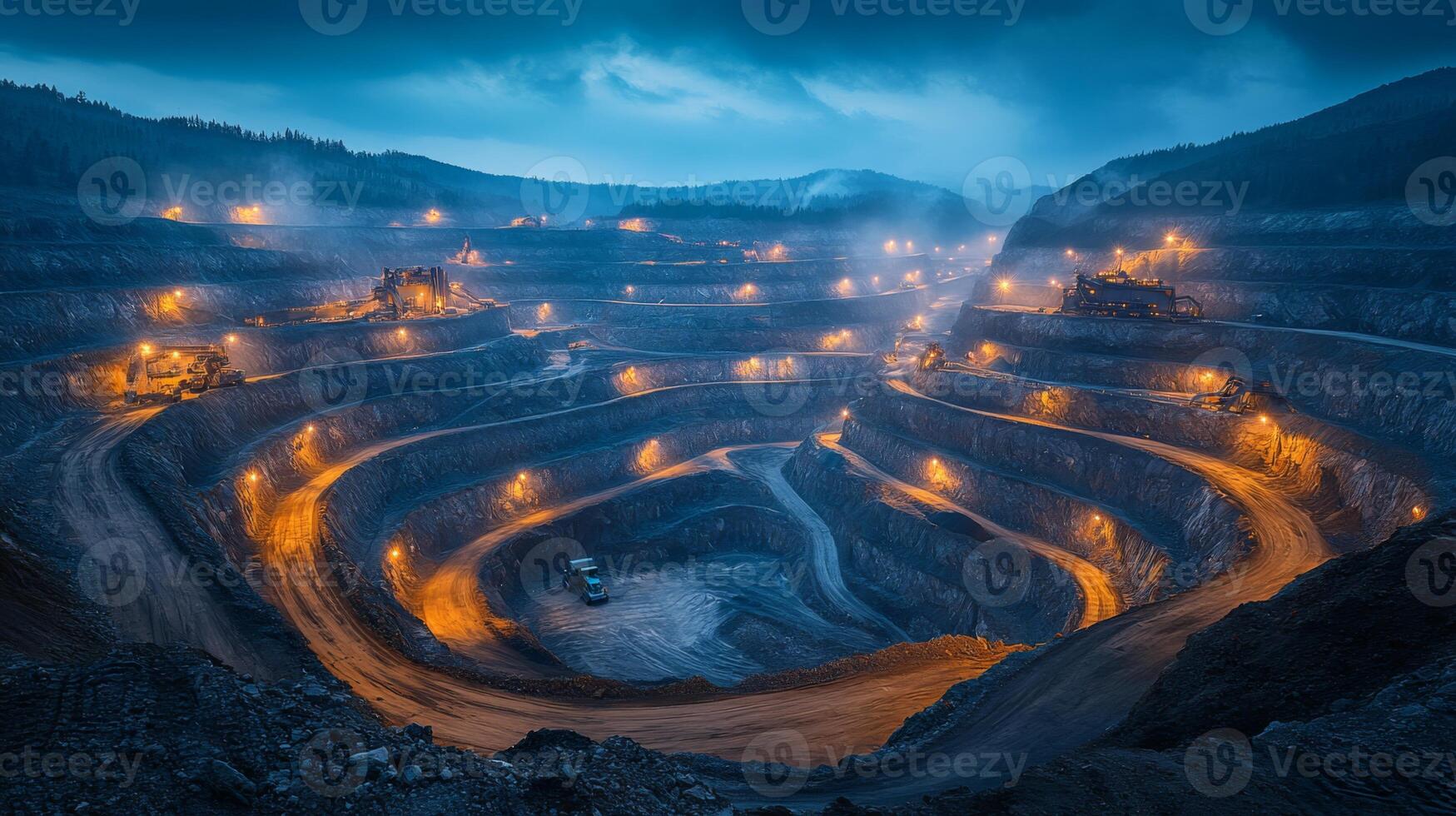 Excavation activity is underway at a vast mining site during dusk, featuring illuminated machinery and layered quarry formations, highlighting mineral extraction efforts. photo