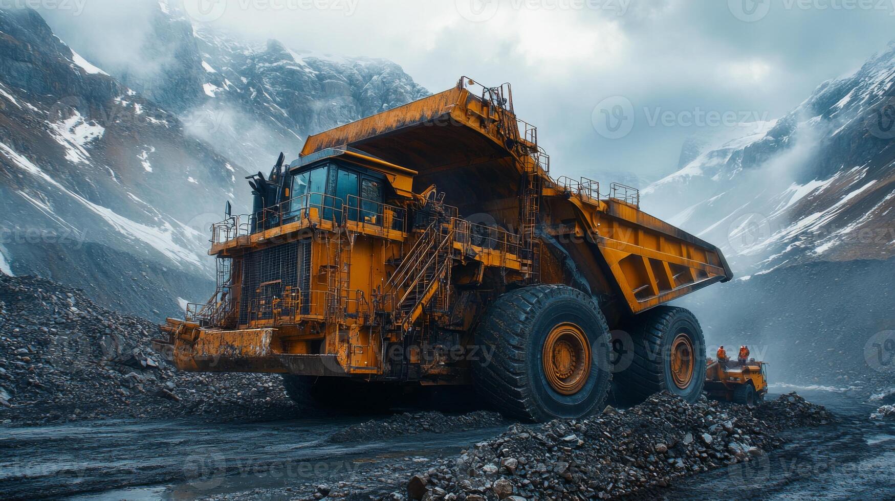 A large mining truck is engaged in transporting minerals from a quarry site surrounded by mountains. Workers can be seen directing operations as clouds loom overhead. photo