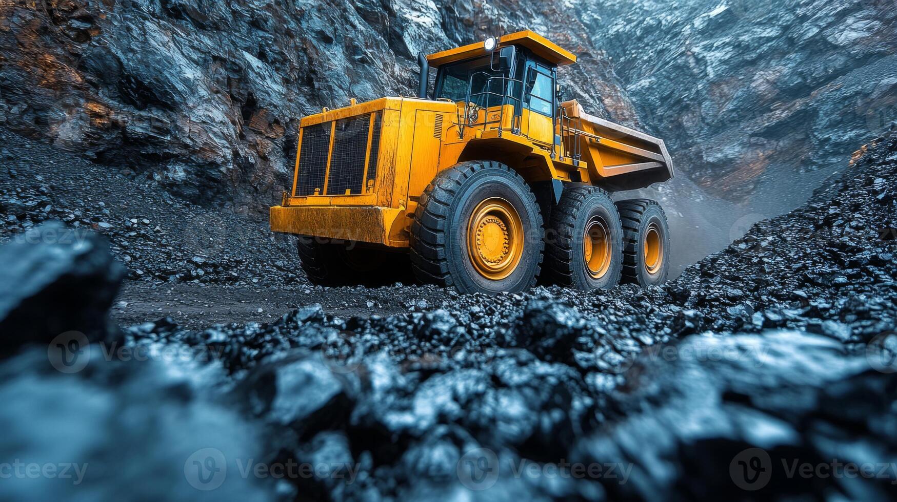 Heavy machinery operates in a quarry, efficiently moving extracted minerals across uneven ground. Dust and loose rock fill the air as excavation continues. photo