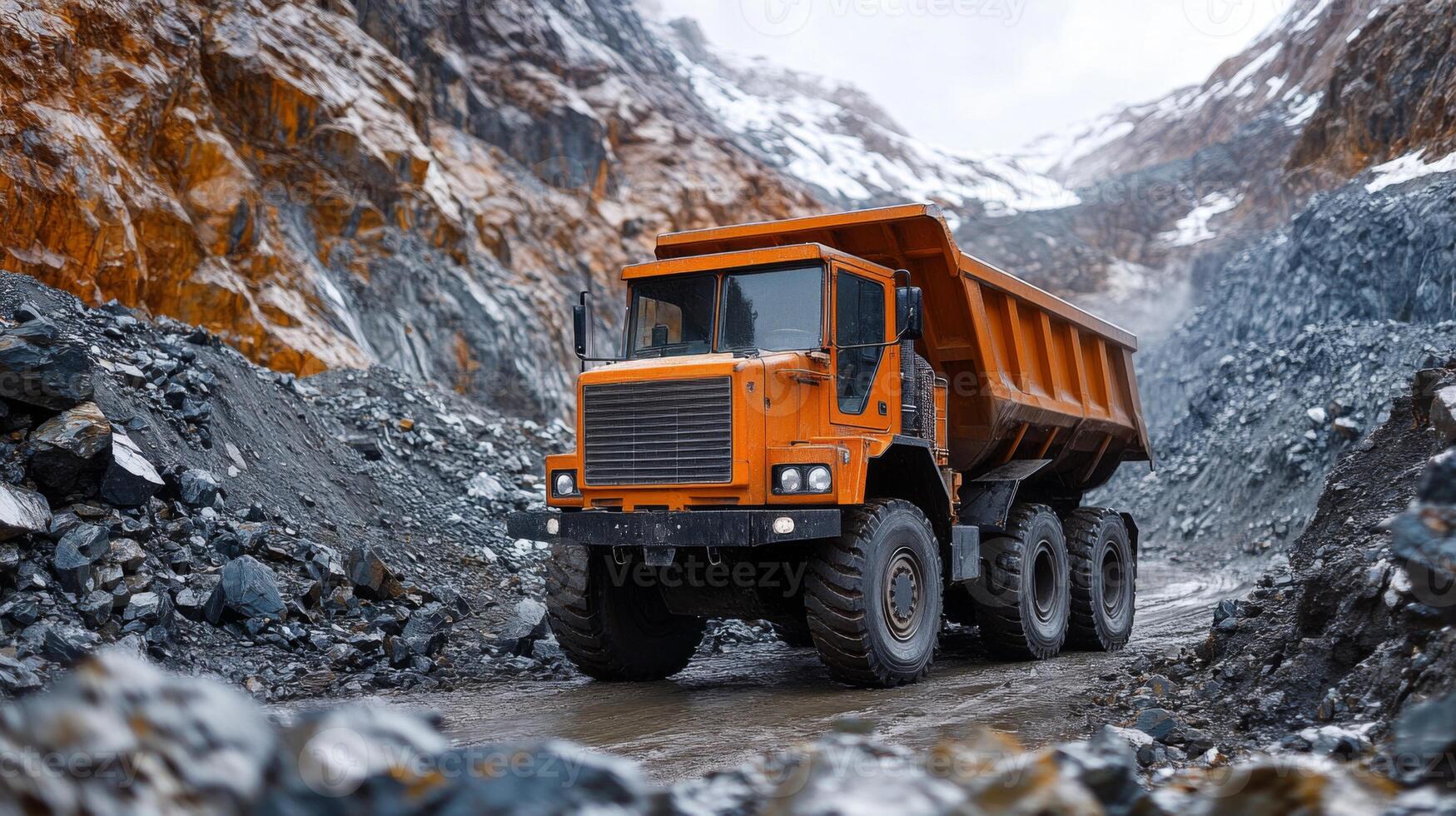 A heavy duty truck drives along a rugged road in a mineral extraction area, with bright orange rock formations and snow capped mountains in the background during overcast weather. photo