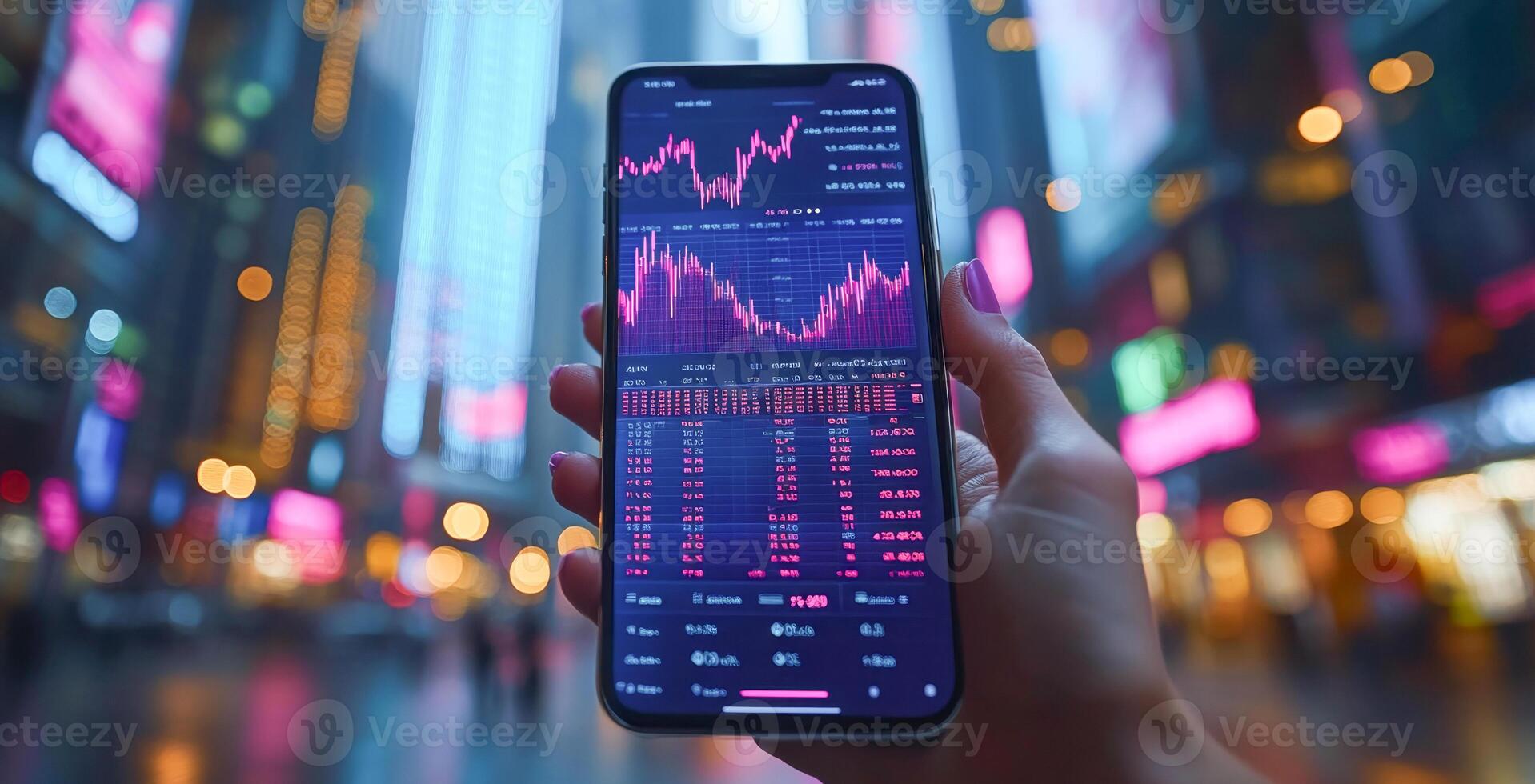 A smartphone displays banking transaction verification and financial statements in a vibrant city setting at night, illuminated by colorful lights reflecting modern banking technology. photo