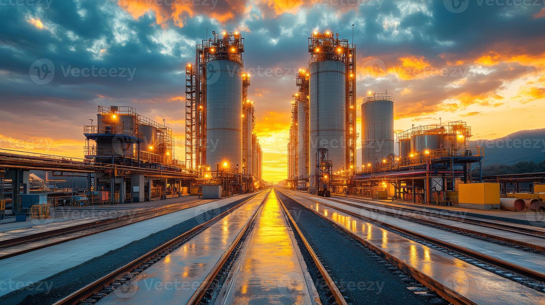 Sunset light illuminates a mining and extraction facility featuring large silos and railway tracks reflecting water, highlighting the industrial operations and infrastructure. photo