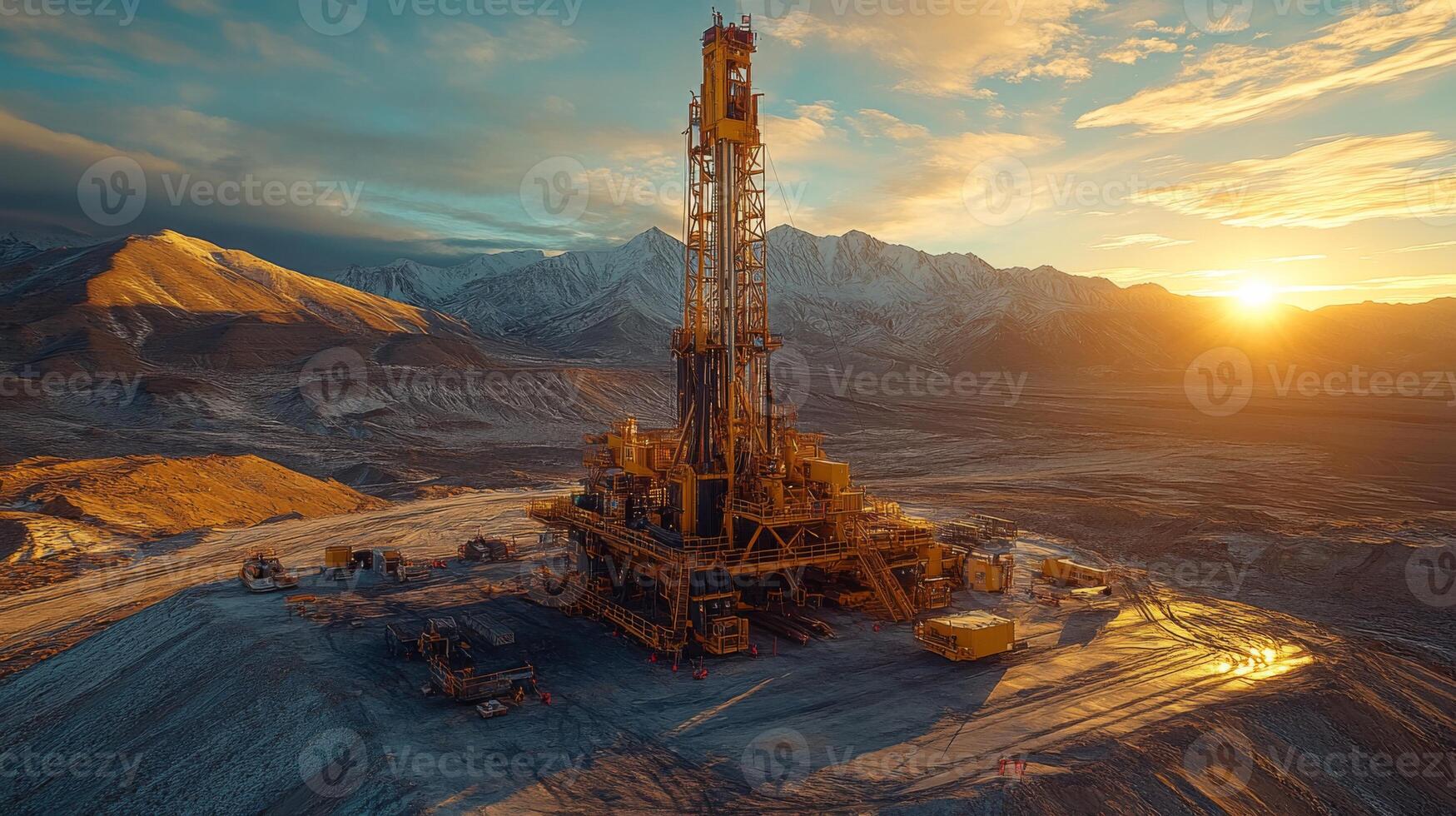 A drilling rig stands prominently in a rugged landscape as the sun rises, illuminating the surrounding mountains and highlighting efforts in mineral extraction and infrastructure. photo