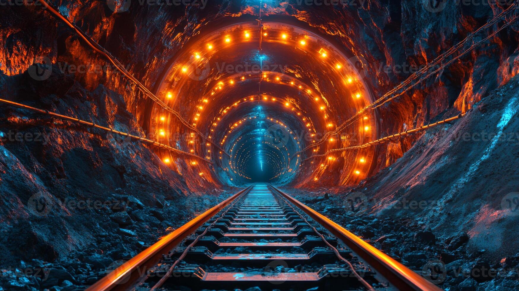 A well lit underground mining tunnel showcases tracks running deep into the earth, with bright lights illuminating the rocky walls rich in minerals, highlighting excavation efforts. photo