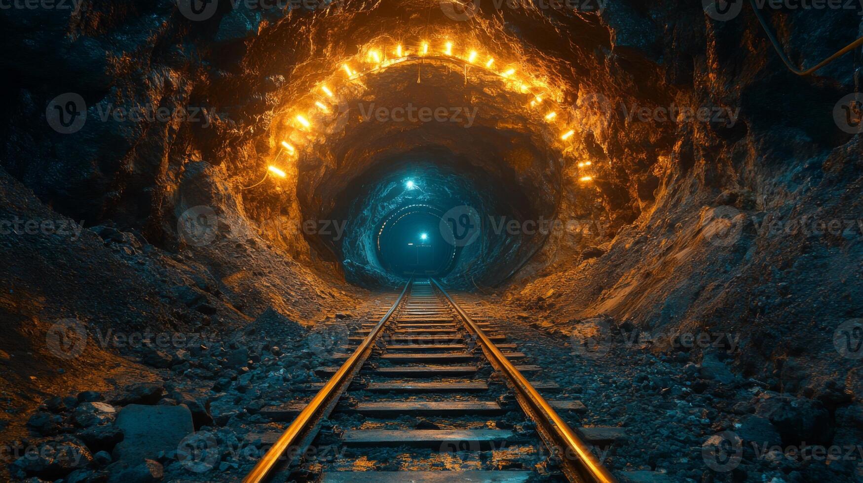 Bright lights illuminate a tunnel deep within a mining site, revealing railway tracks positioned on a rocky surface, highlighting the process of mineral extraction and transportation. photo