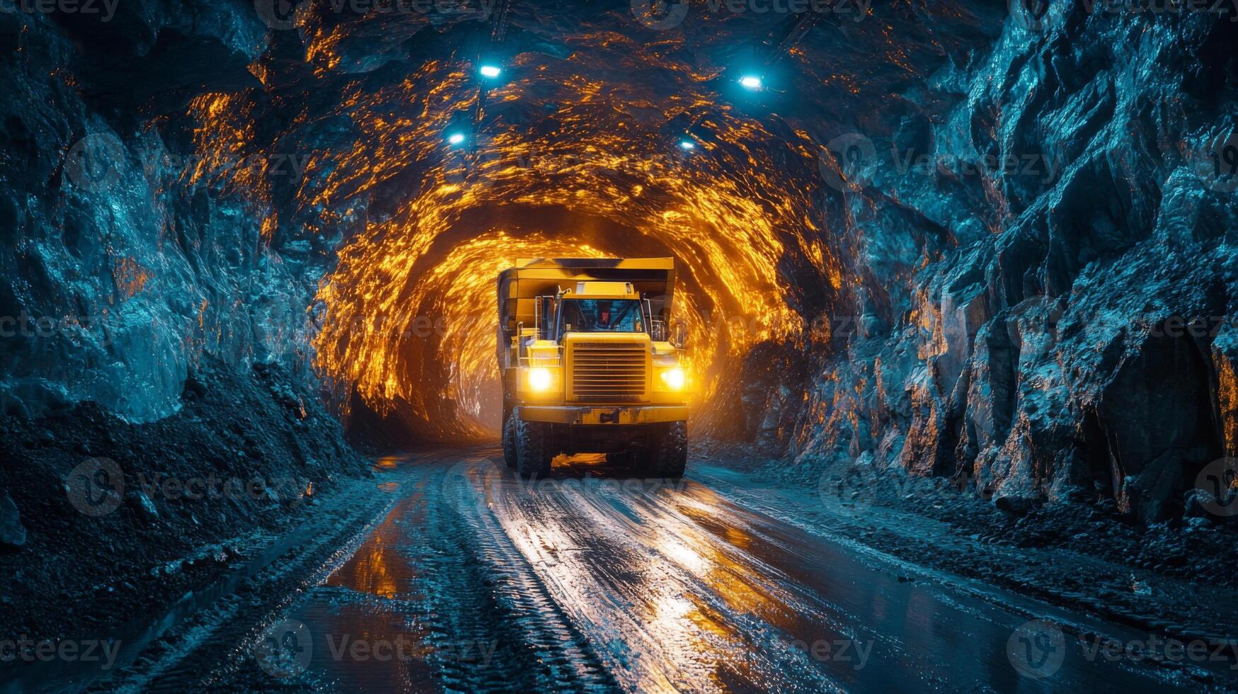 A large mining truck drives through an underground tunnel during a mineral extraction operation. Bright lights illuminate the rock walls and wet ground, showcasing the mining activity. photo