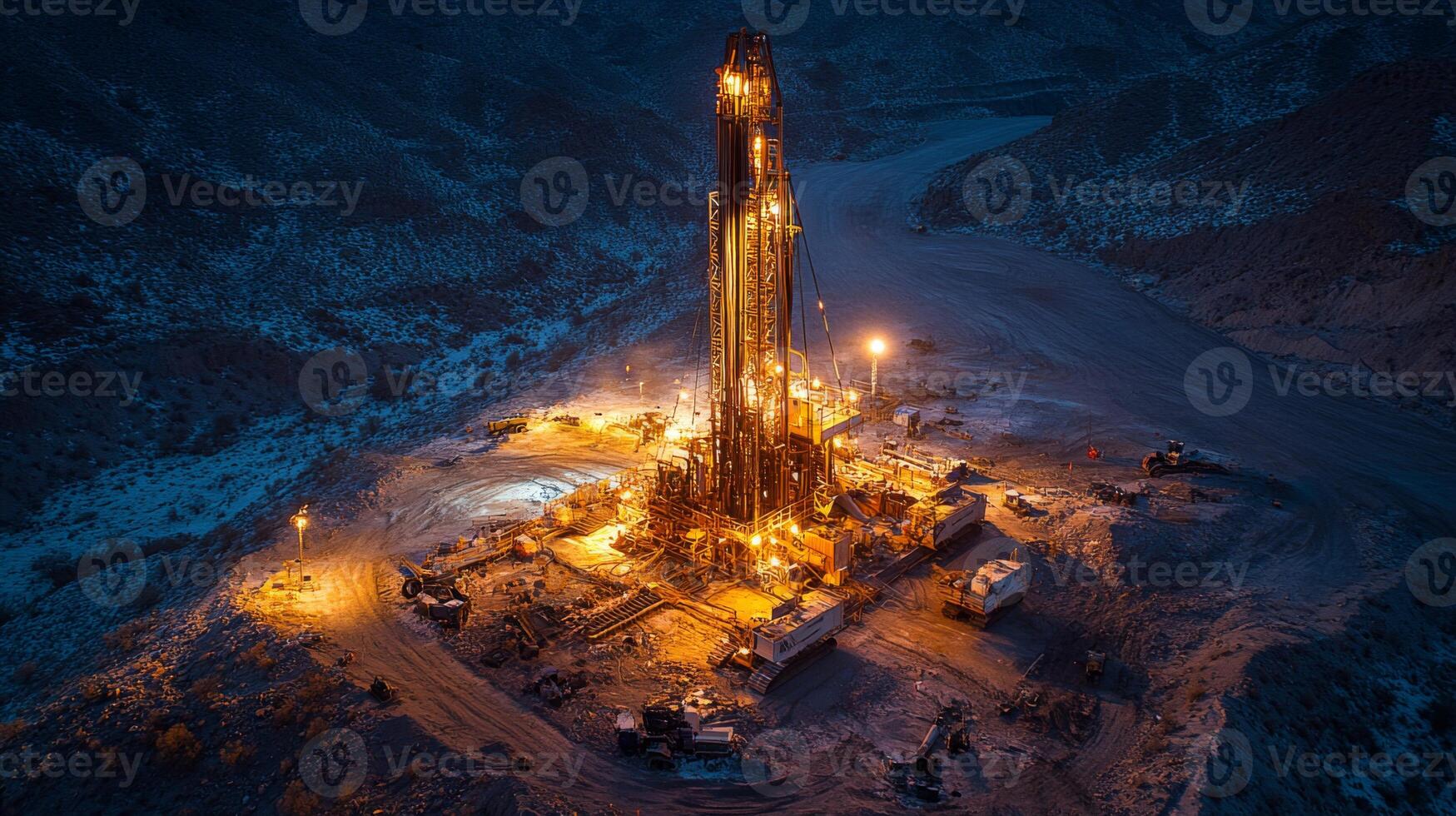 This location features a large drilling rig surrounded by machinery and lights, all active during the night for mineral extraction and processing in a remote area. photo