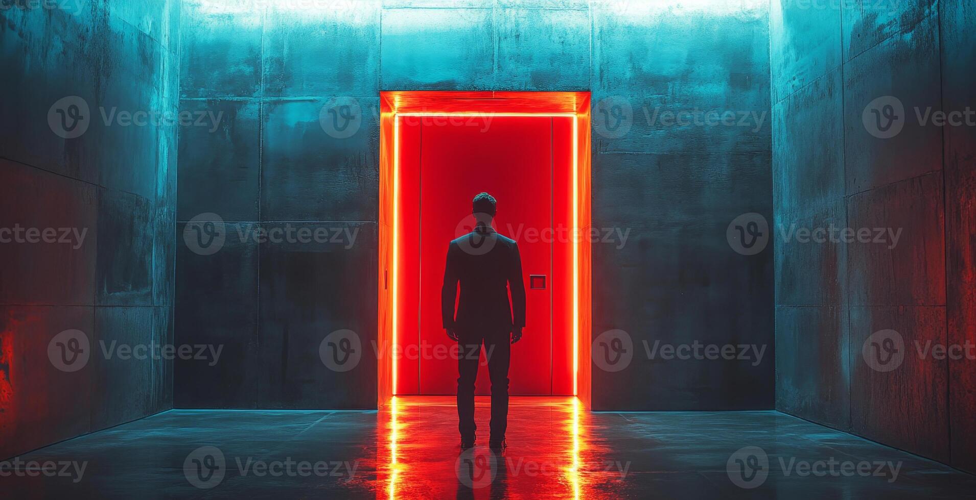 A person dressed in a suit stands before a glowing neon red door in a contemporary environment. photo