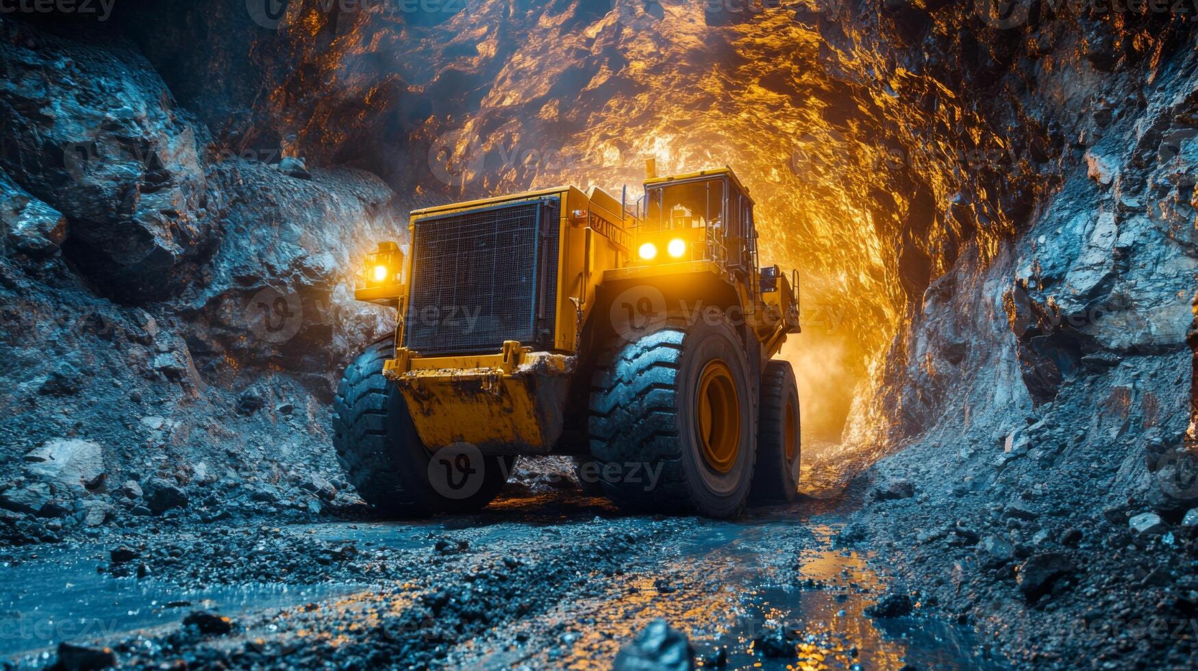Large mining equipment moves through a cavernous tunnel, illuminated by its lights, as it performs excavation and mineral extraction in a busy mining operation. photo