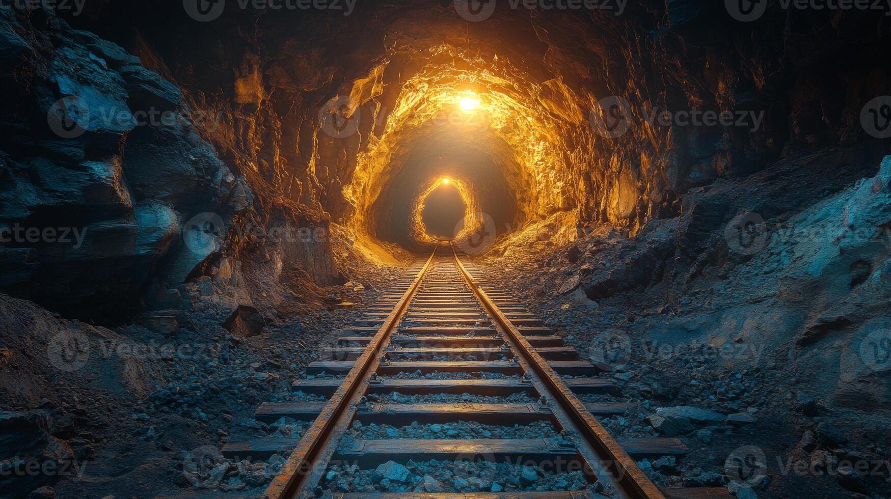 Rails stretch into a dark mining tunnel, illuminated by warm orange lights. The rocky walls show signs of excavation, highlighting the infrastructure used in mineral extraction. photo