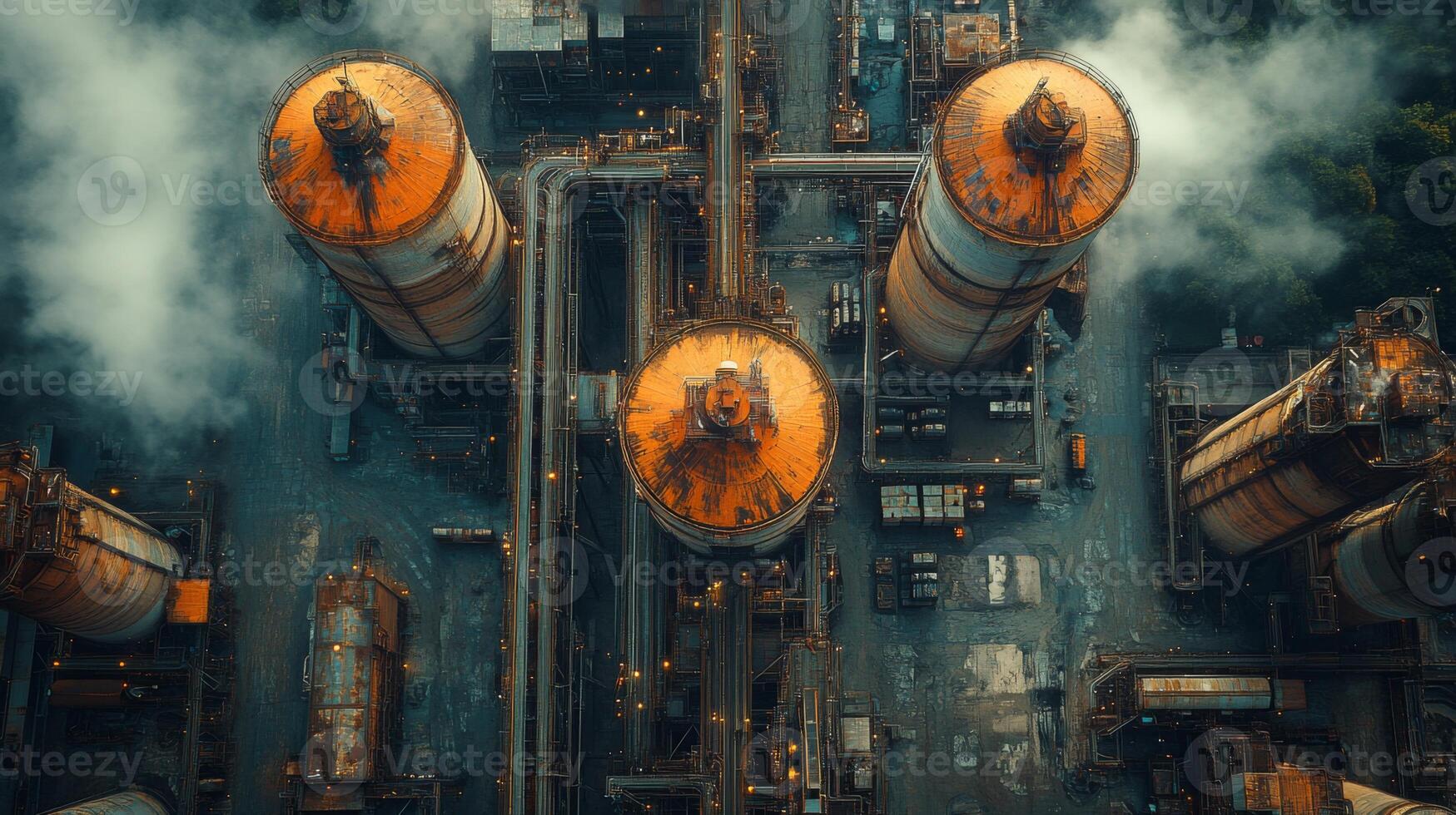Extensive mineral processing setup featuring numerous silos and various equipment used for mining, excavation, and extraction located amidst industrial surroundings during daylight. photo