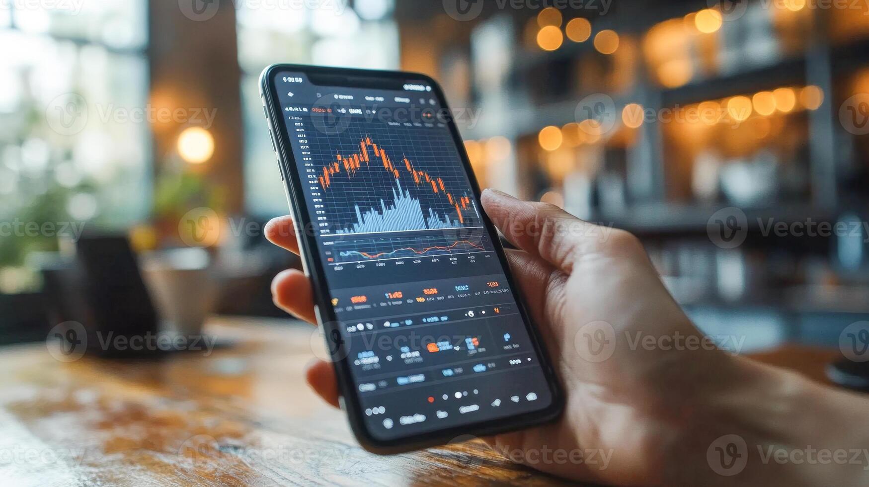 A person is holding a smartphone displaying financial data with charts and transaction details. This activity takes place in a cozy cafe environment, emphasizing modern mobile banking practices. photo