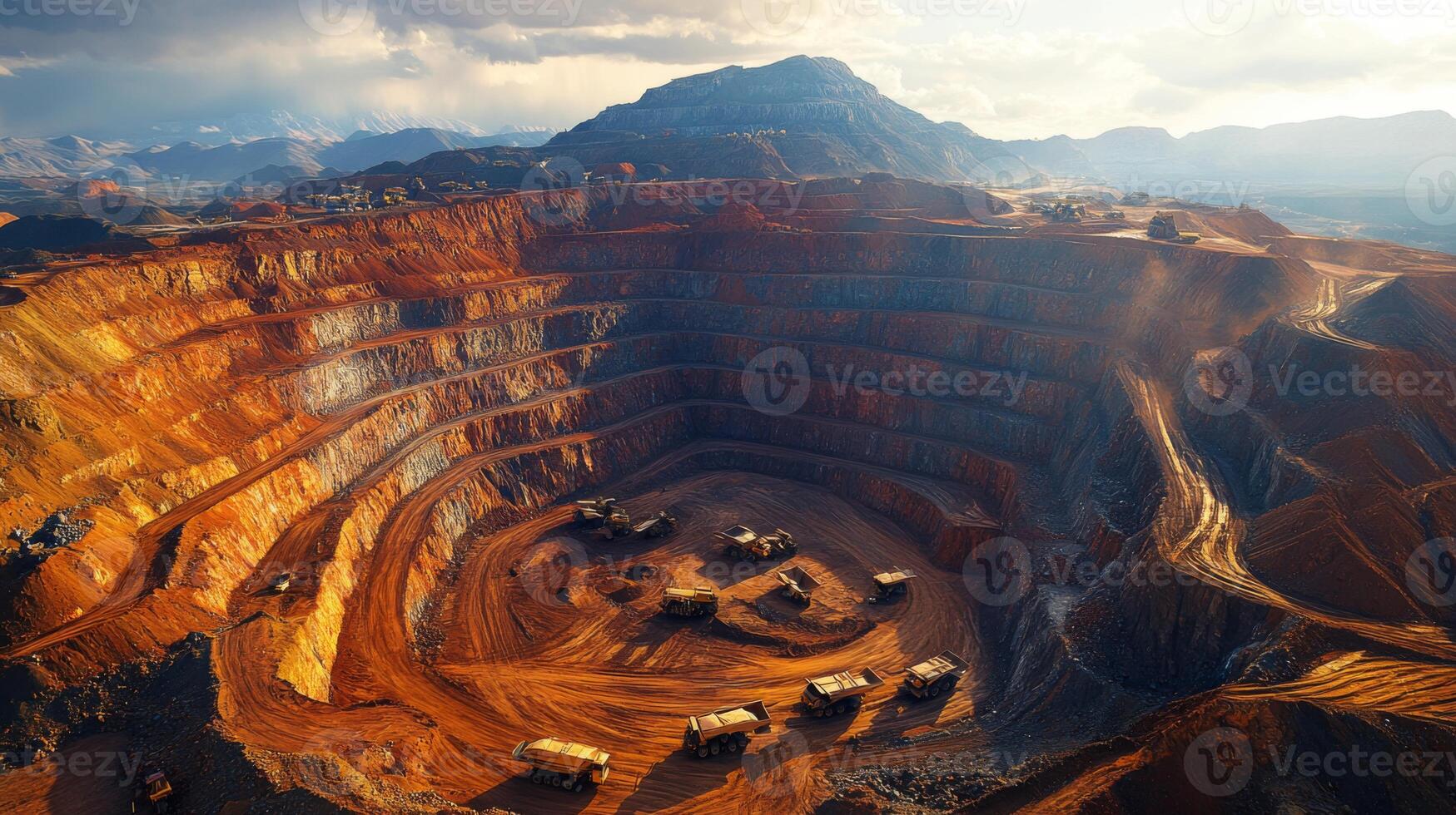 Heavy machinery works in a vast open pit mine, extracting minerals from layered earth in a rugged landscape, highlighting the scale of excavation and ongoing mining operations. photo