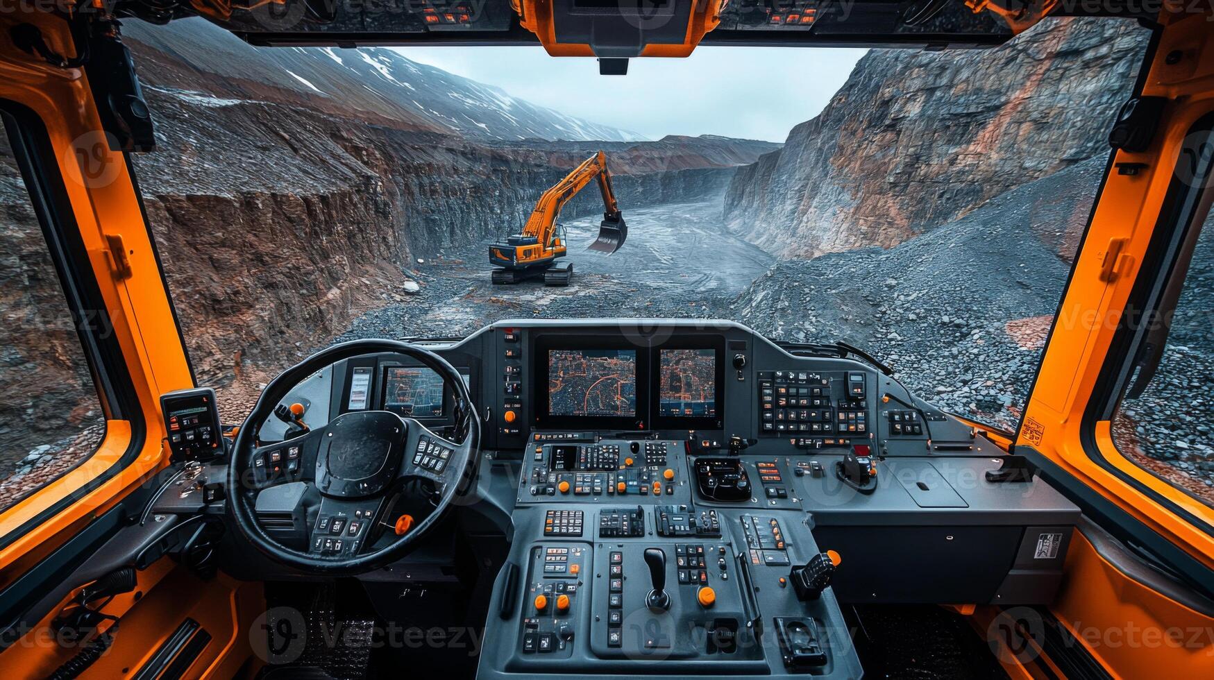 Heavy mining equipment is actively excavating in a large quarry. Operators manage various controls inside the machinery. The surrounding landscape showcases rugged terrain and mineral deposits. photo