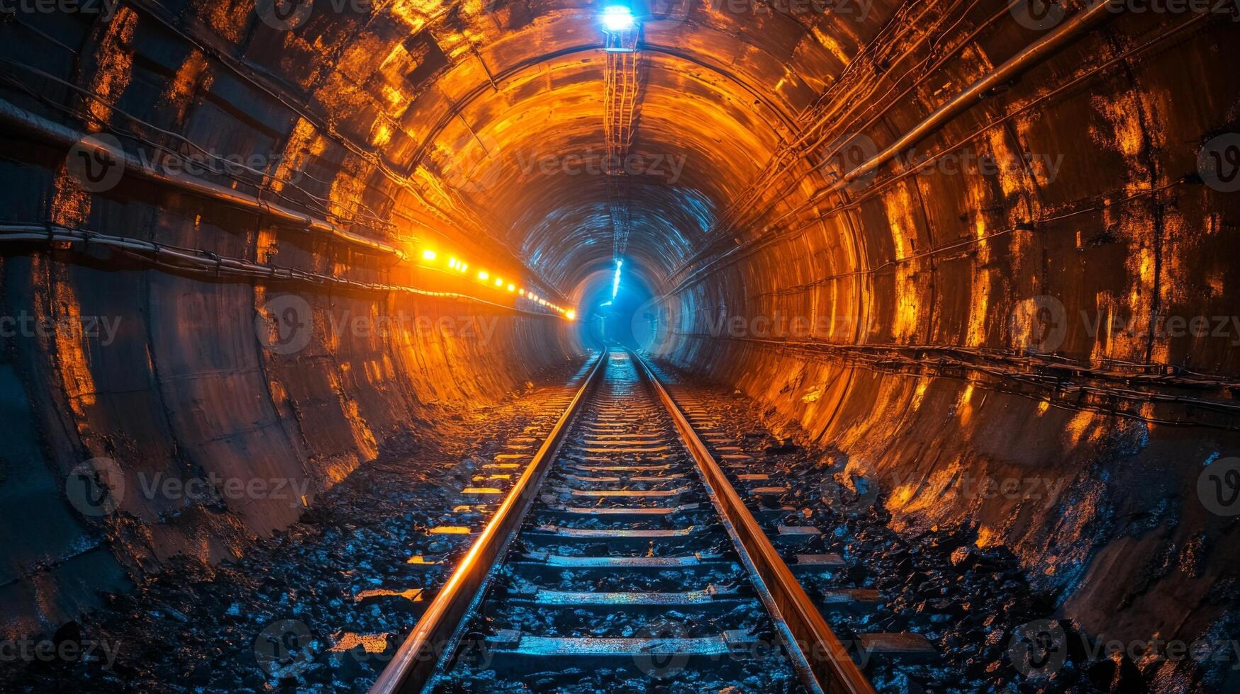 A mining tunnel reveals illuminated tracks that stretch toward a distant exit, highlighting the environment of mineral extraction and the complexity of underground infrastructure. photo