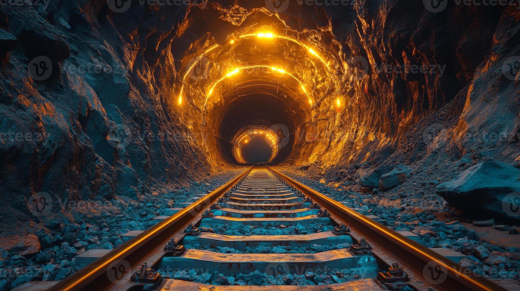 Tracks guide into a brightly illuminated tunnel within a mining site, emphasizing the advanced infrastructure used for mineral excavation and processing activities. photo