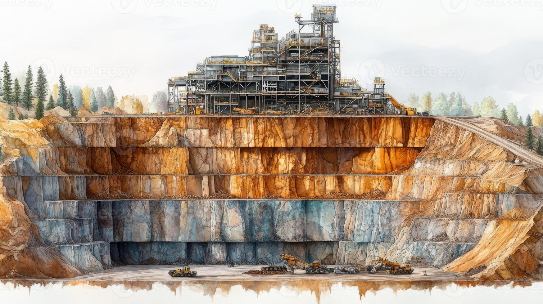 Excavation activities are underway in a well structured quarry displaying advanced mineral processing facilities atop layered rock formations, with heavy machinery in use below. photo