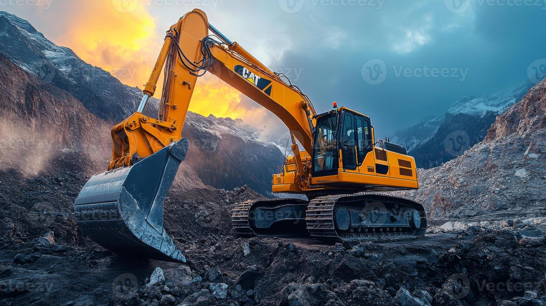 Heavy machinery is actively engaged in excavation at a quarry as the sun sets behind the mountains, highlighting the process of mineral extraction and site preparation. photo