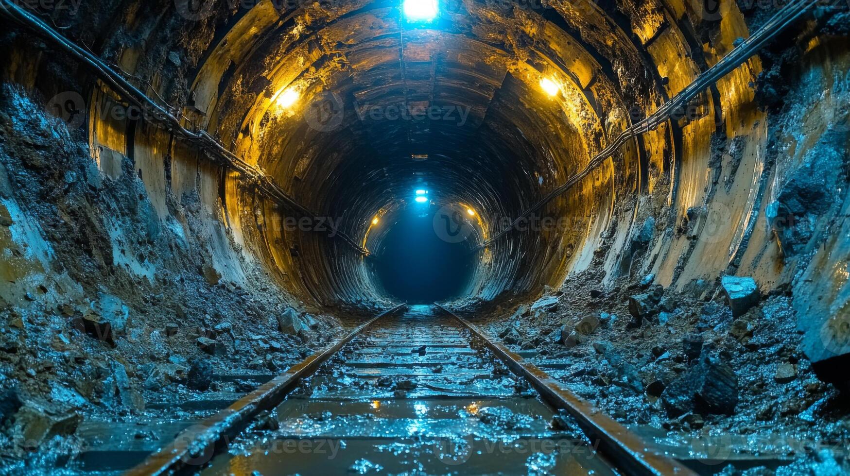 A dimly lit underground tunnel featuring railway tracks, showcasing the preparation for mineral extraction. Water collects on the ground, emphasizing ongoing mining activities. photo