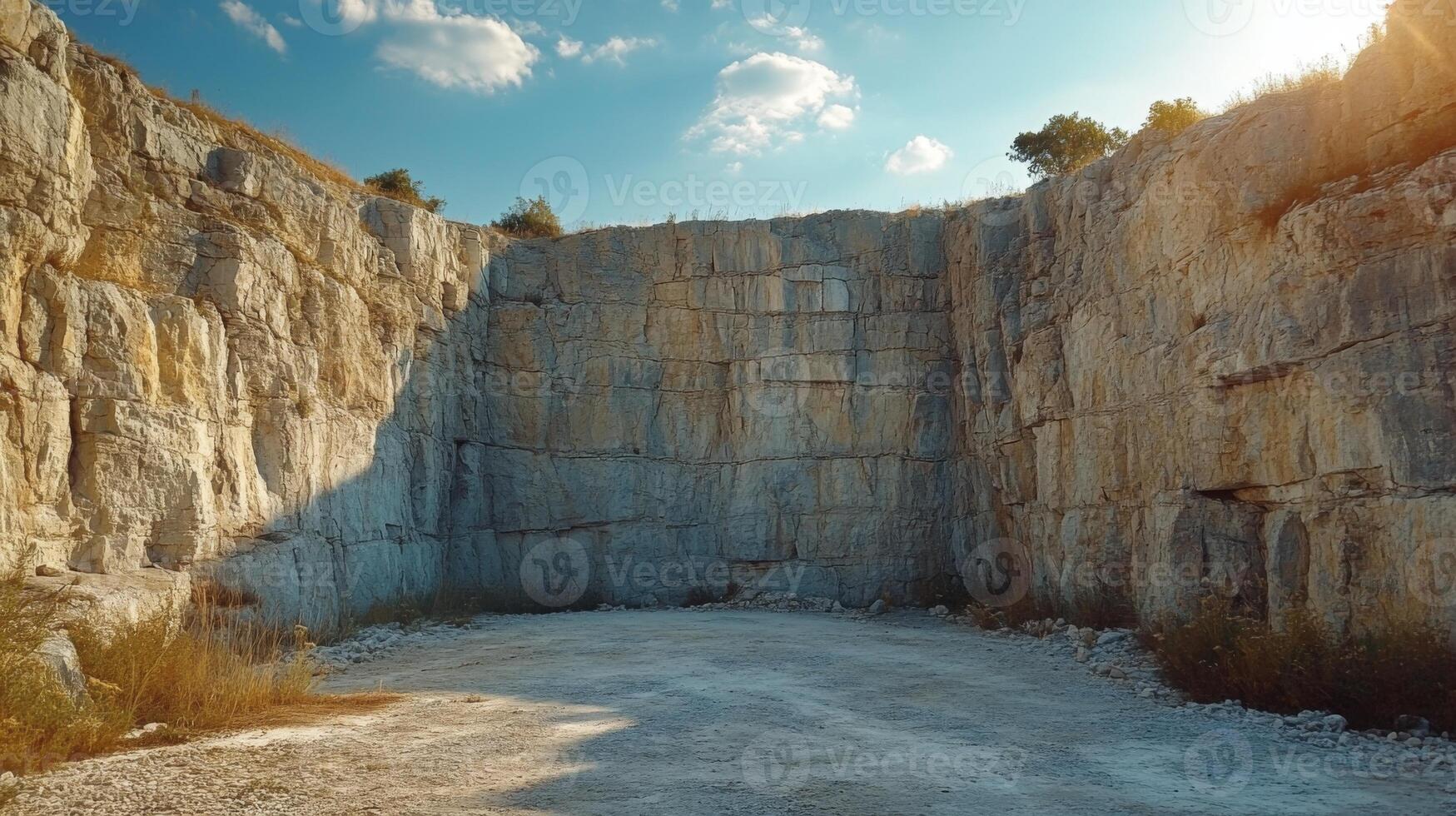 This site features a vast quarry with steep rock walls illuminated by the sun. Surrounding vegetation indicates a blend of natural and industrial landscapes where minerals are extracted. photo