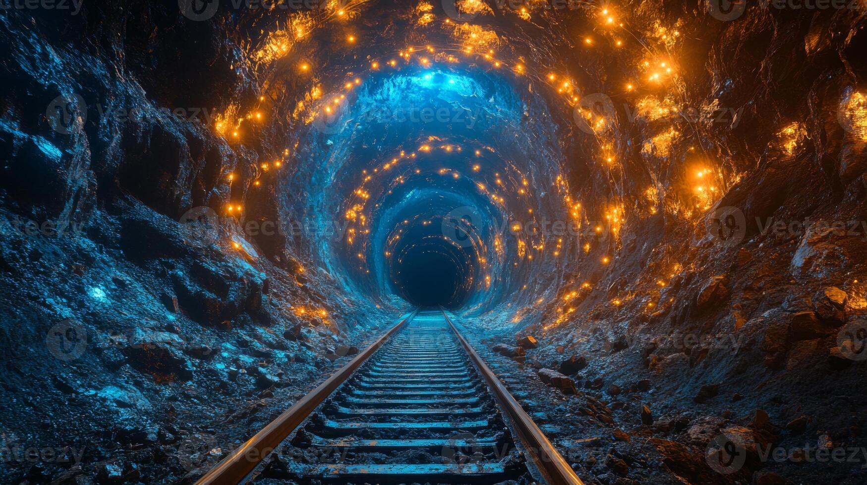 A long tunnel is visible, lined with metallic rails leading deeper into the earth. The walls of the tunnel are illuminated with a soft glow, revealing intricate textures and colors as mining operates. photo
