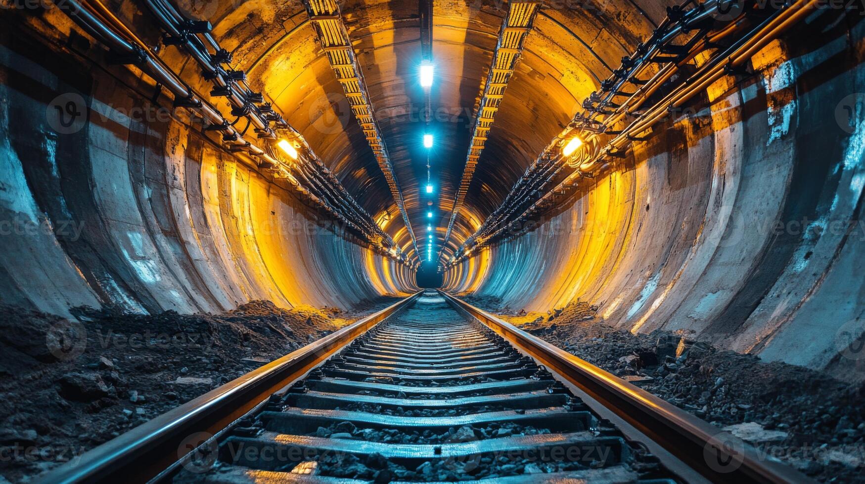 A mining tunnel features illuminated tracks guiding towards the depths of the excavation site. Rugged walls reveal the process of mineral extraction and ongoing infrastructure development. photo
