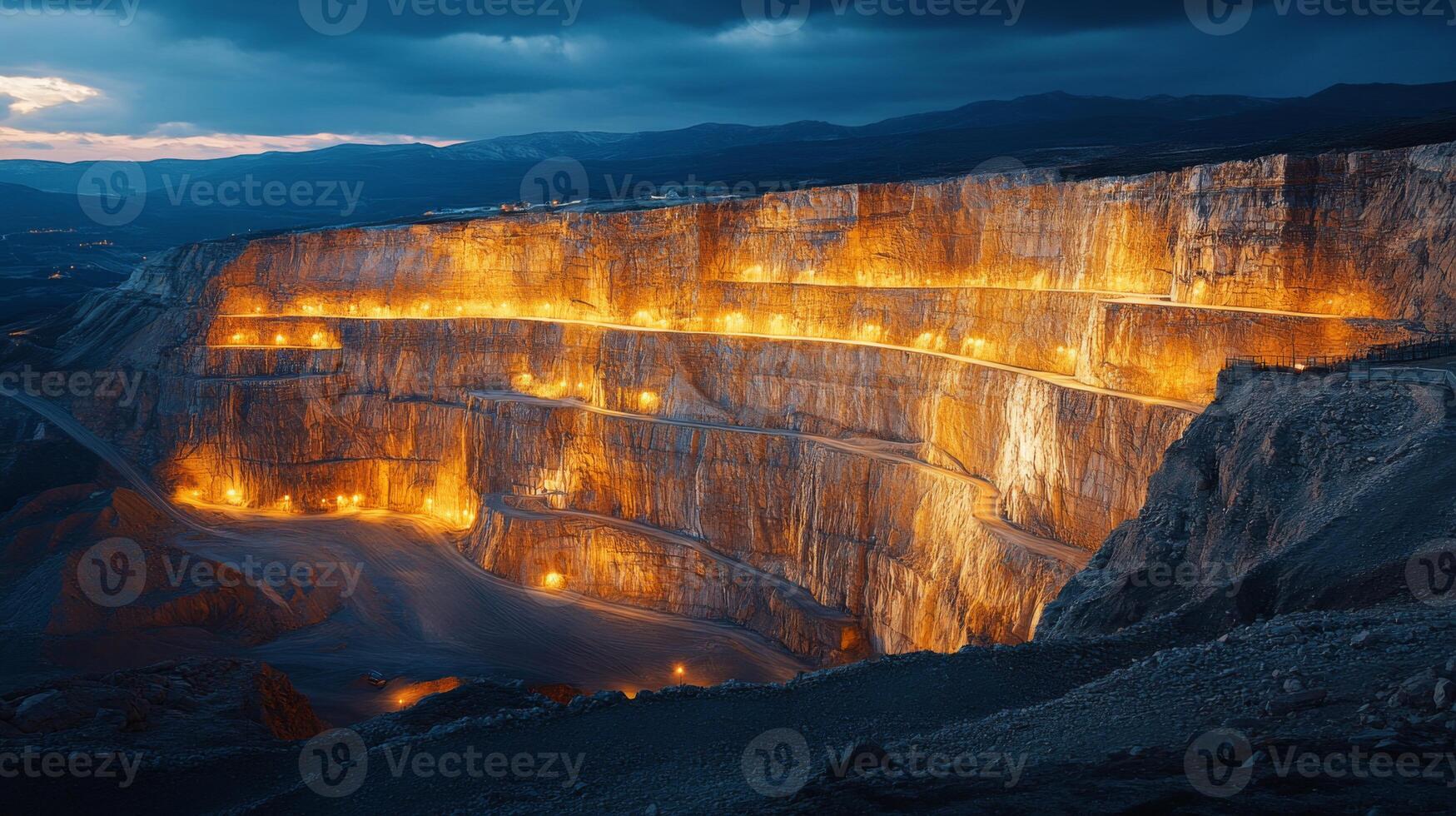 Illuminated walls of a large quarry display ongoing excavation and mineral extraction activities during nighttime, showcasing the scale of the operation amid rugged terrain. photo