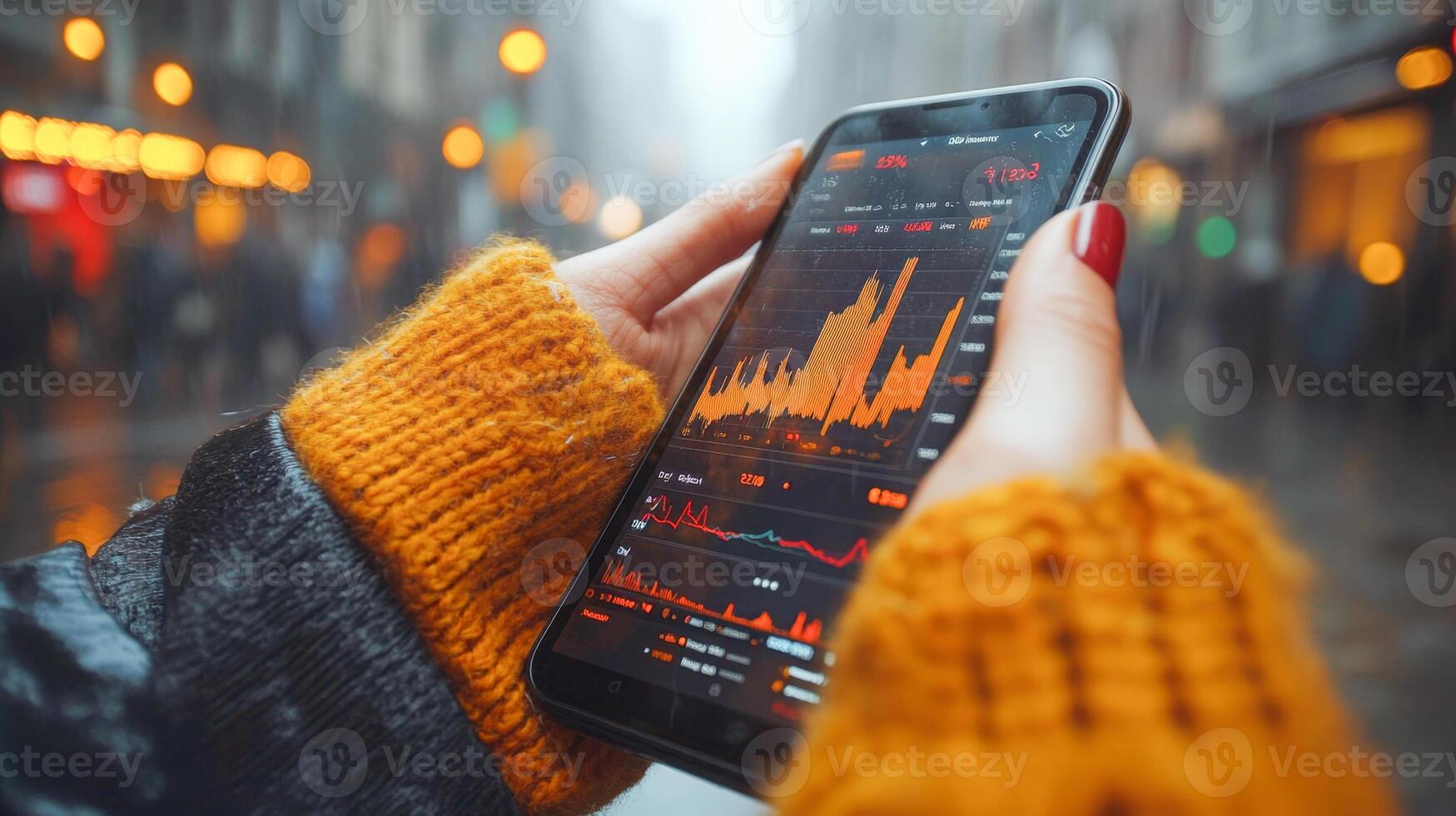 A person holds a smartphone displaying banking transactions and financial statements on a rainy city street. Vibrant digital charts indicate ongoing activity in mobile finance. photo