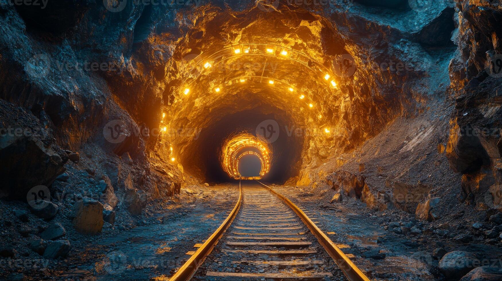 An underground mining tunnel displays illuminated walls and tracks extending into the distance. The rocky terrain reveals the extensive excavation works and mineral extraction environment. photo