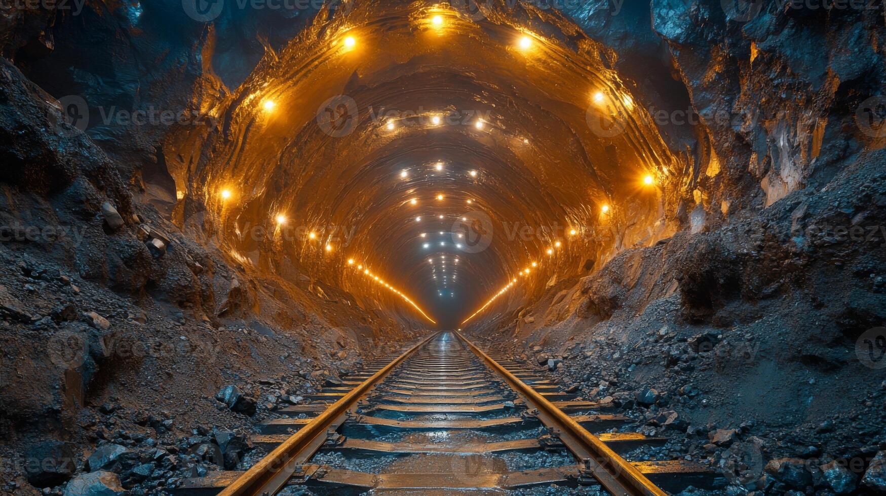 Rail tracks lead into a brightly lit underground tunnel, highlighting the mining and excavation activities along with mineral processing efforts in the quarry environment. photo