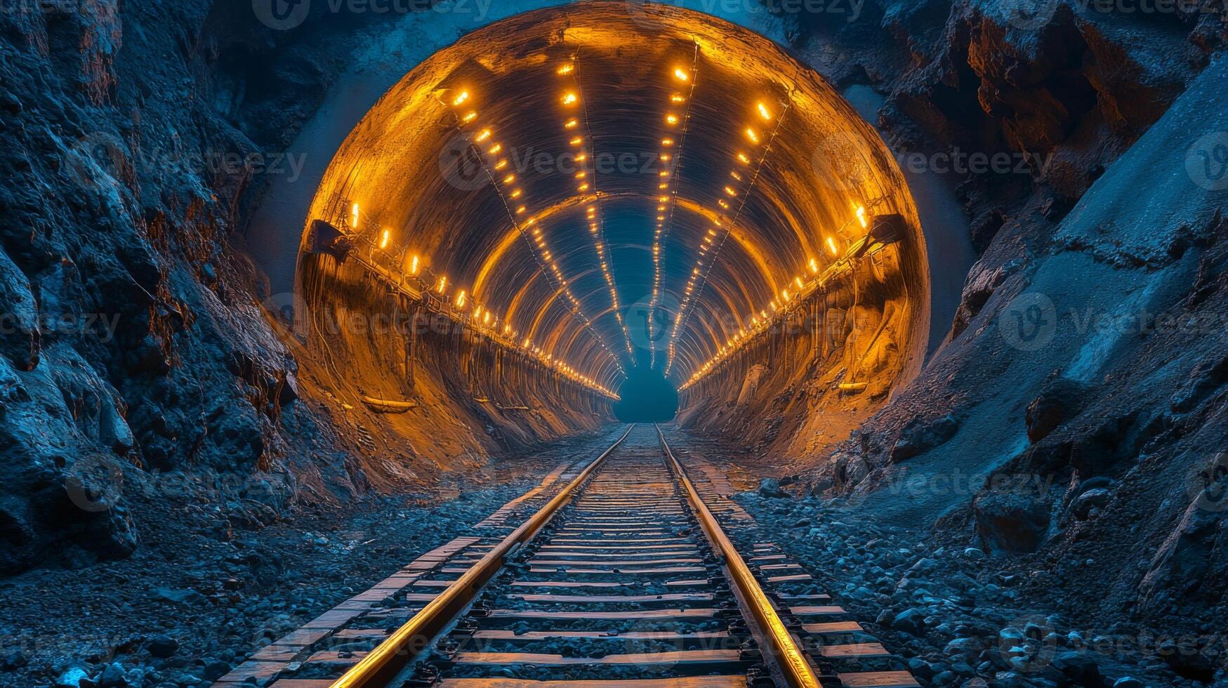 Bright lights illuminate a tunnel at a mining site, highlighting railway tracks that lead deep underground, emphasizing the depth and scale of the excavation. photo