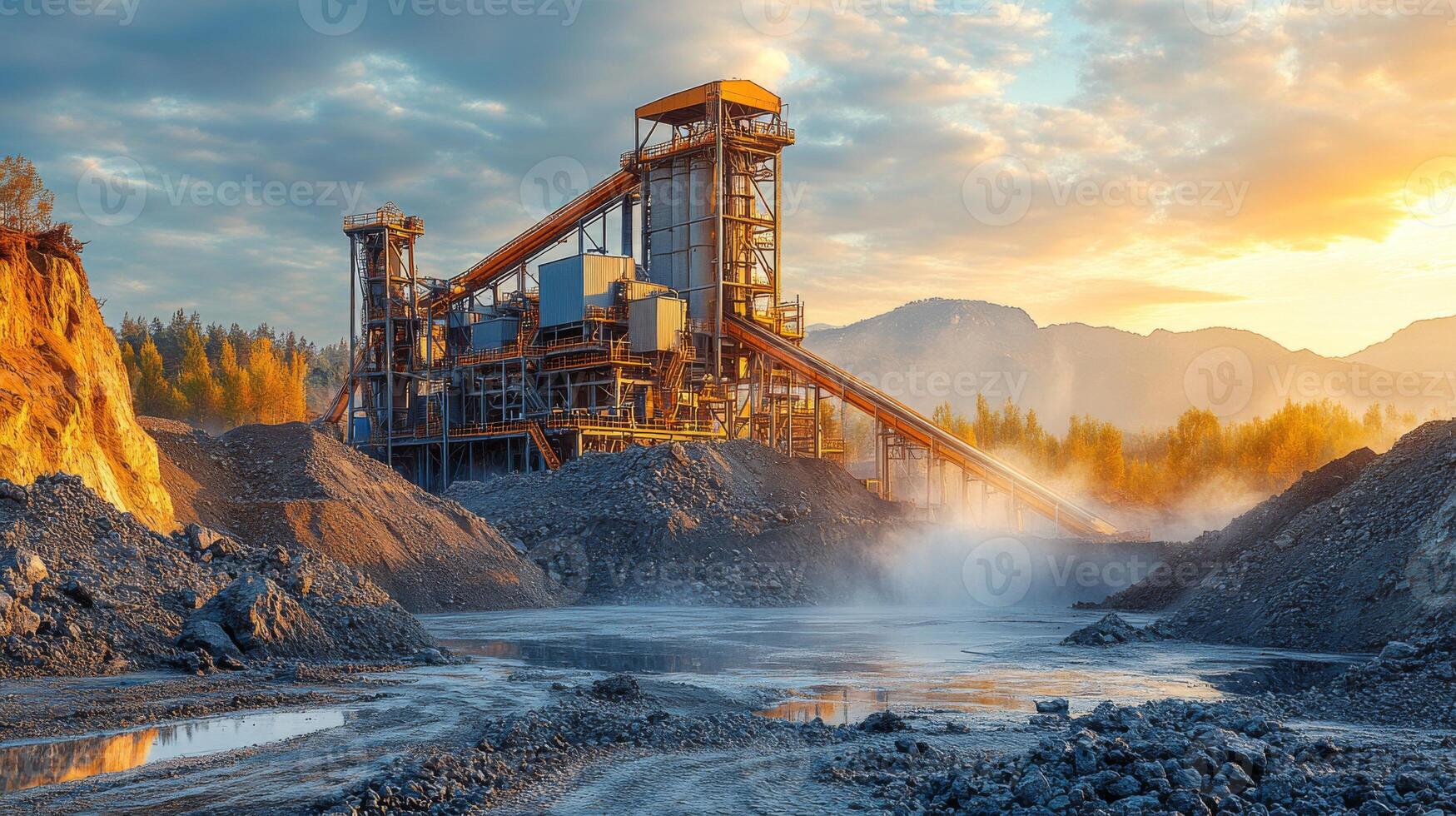 Mineral processing is underway at a mining site as machinery works in the foreground against a backdrop of mountains during sunset, with mist rising from the ground. photo