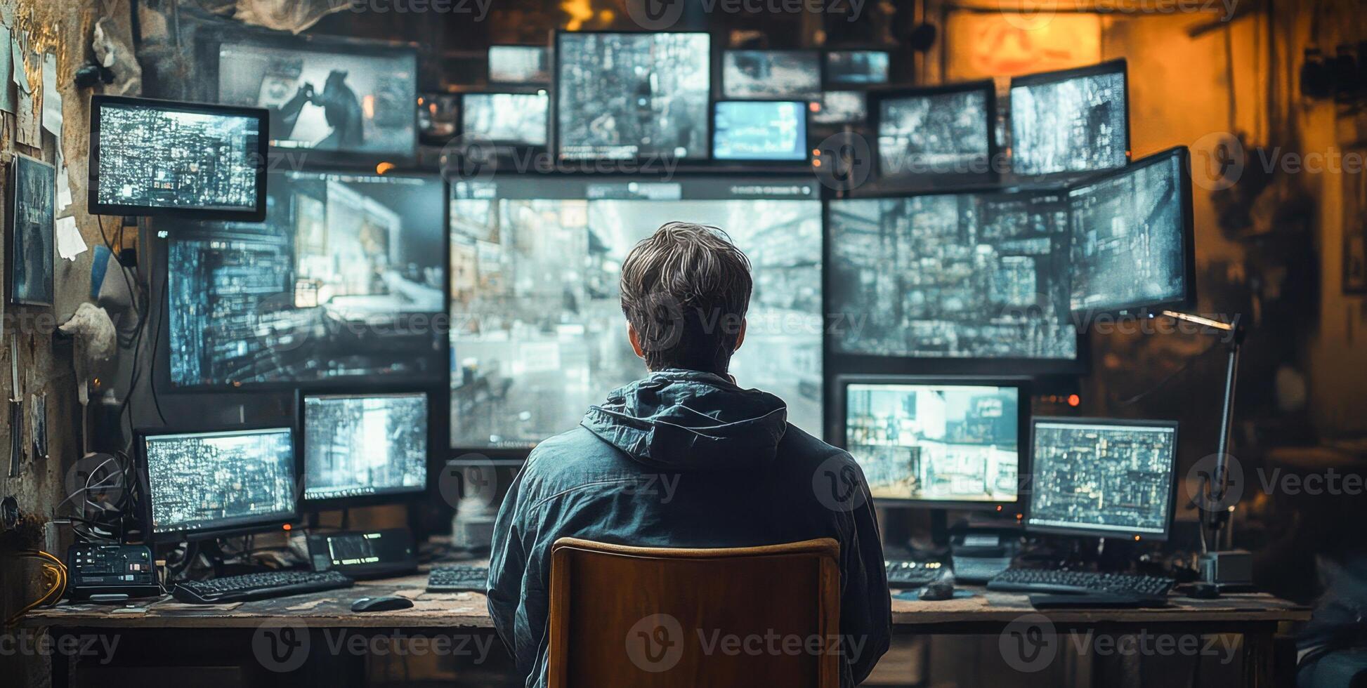 A person sits focused in front of a large setup of multiple screens displaying banking transactions and verification processes. photo