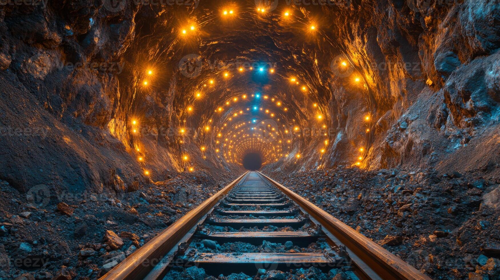 Illuminated mine tunnel features a series of bright lights highlighting the rocky walls. Railway tracks stretch into the distance, indicating active mineral extraction operations. photo