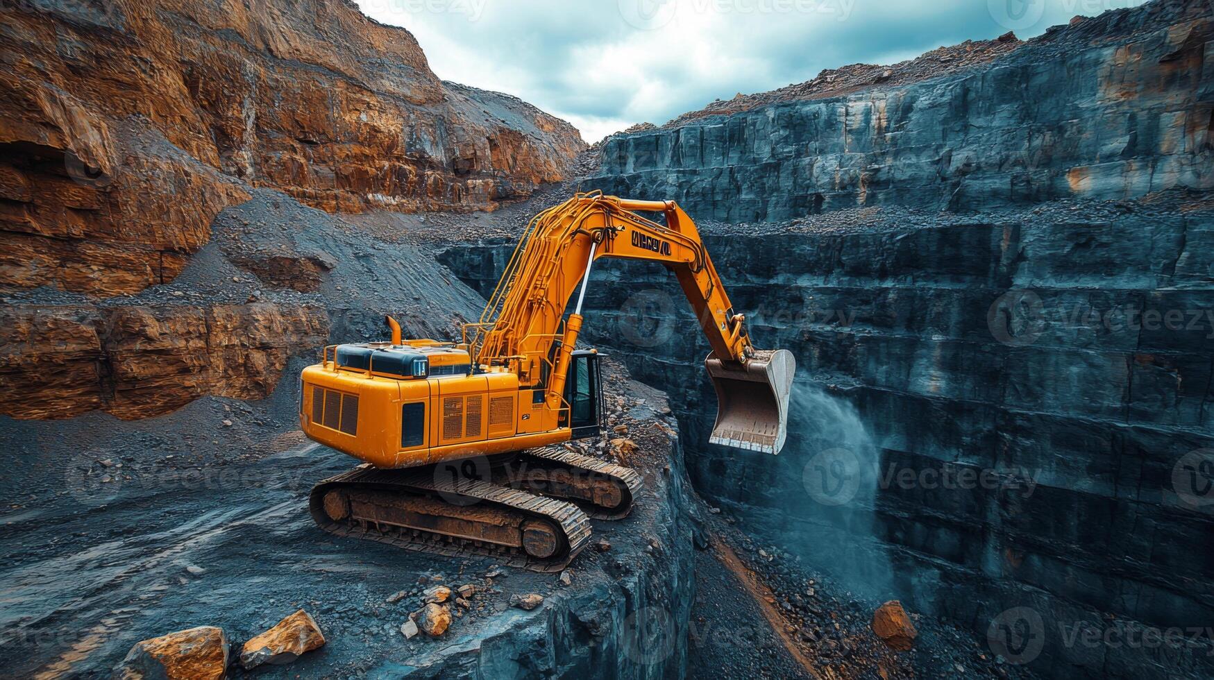 Heavy machinery operates in a quarry, digging into the earth to extract minerals. The site is defined by steep rock walls under cloudy skies, showcasing the mining process. photo