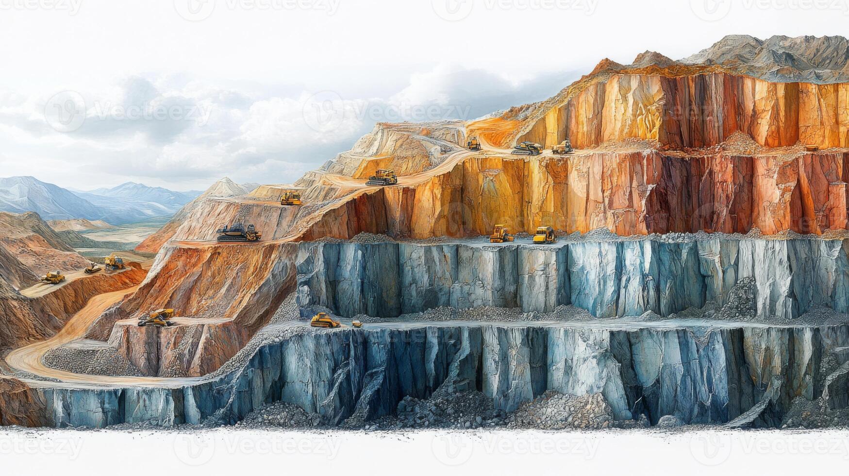 Heavy machinery works in a limestone quarry with multiple layers of rock and minerals visible. The rugged terrain highlights the extensive excavation and mineral processing involved. photo