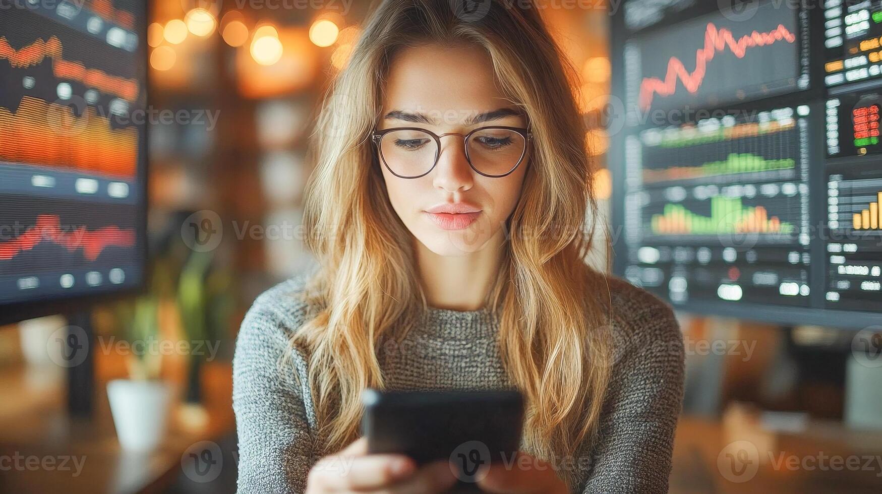 A woman with glasses is focused on her smartphone, engaging in mobile banking. Multiple screens behind her display financial data and transaction graphs, indicating a dynamic banking environment. photo