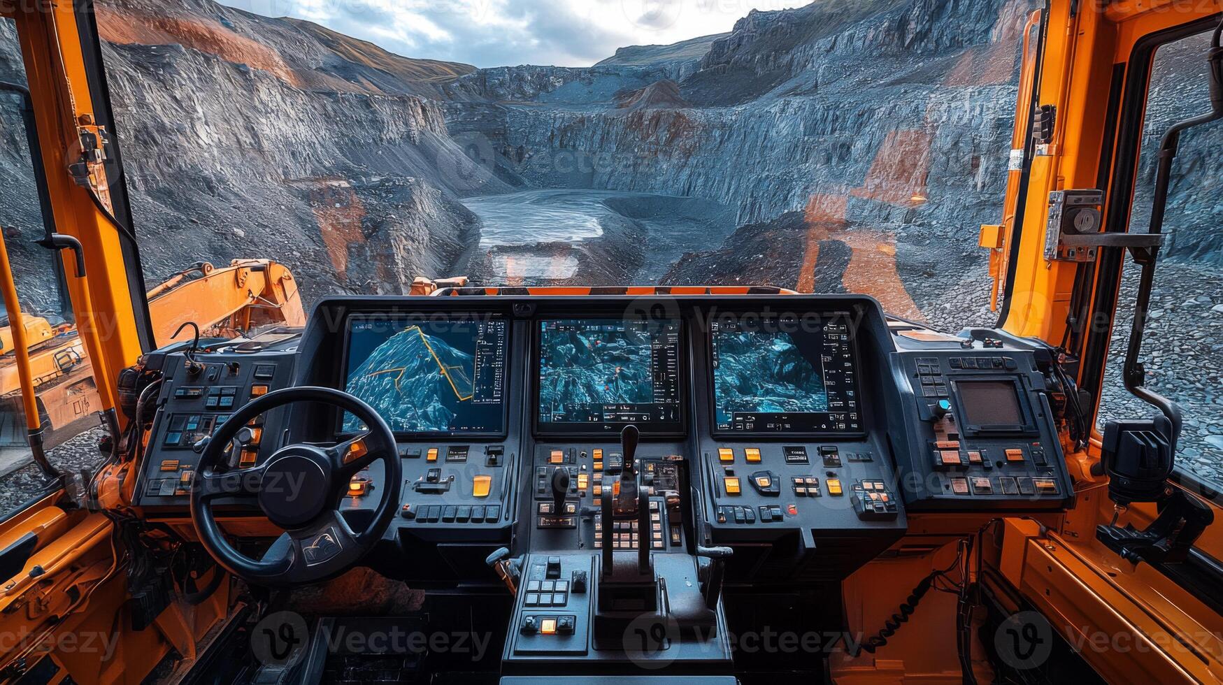 The control panel features multiple displays showing mining progress, while heavy machinery is poised for extraction in a vast quarry illuminated by the fading light of day photo