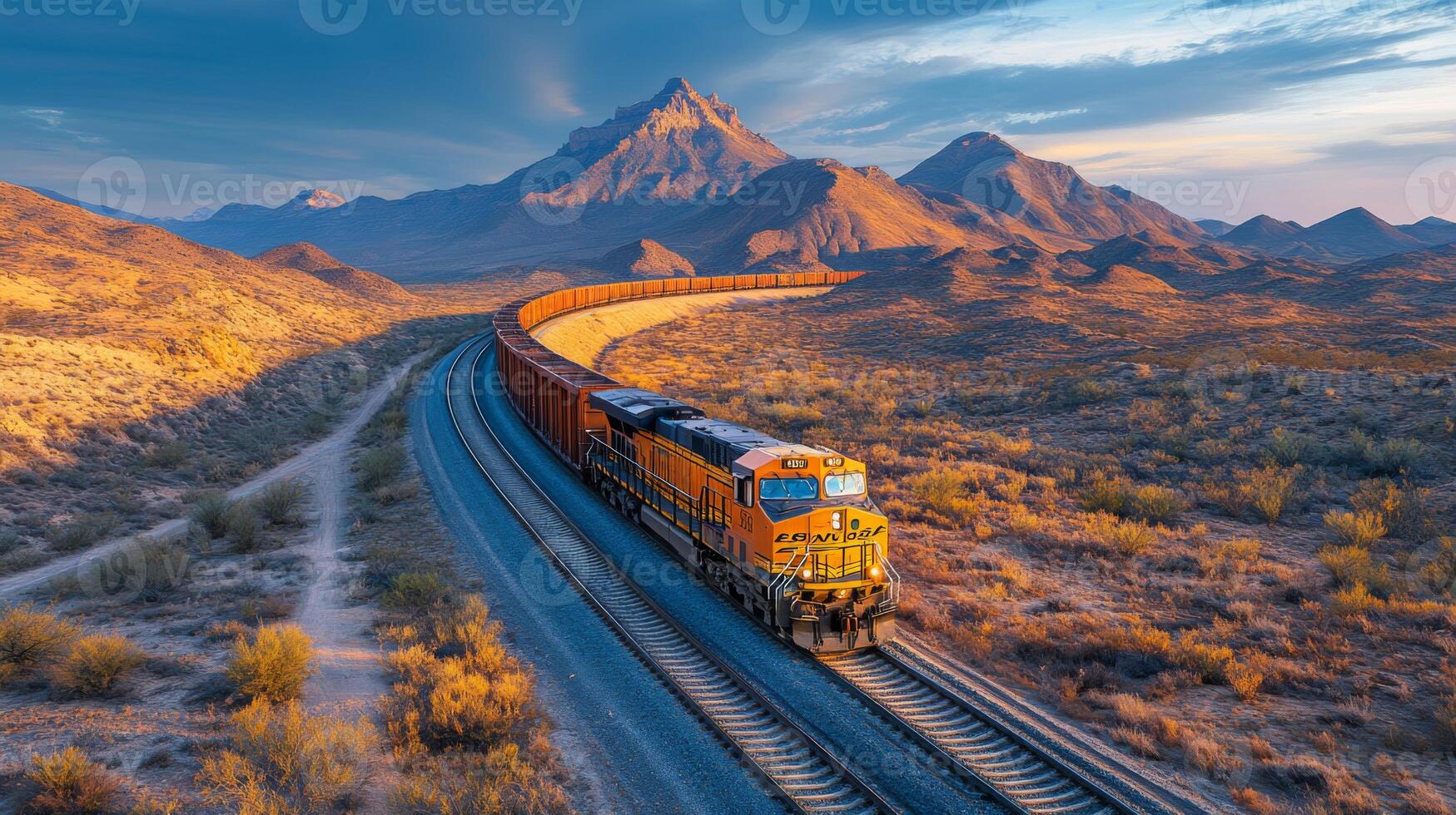 Mineral laden train travels along winding tracks under a dramatic sunset sky, framed by distant mountains and arid landscape typical of mining operations and extraction zones. photo