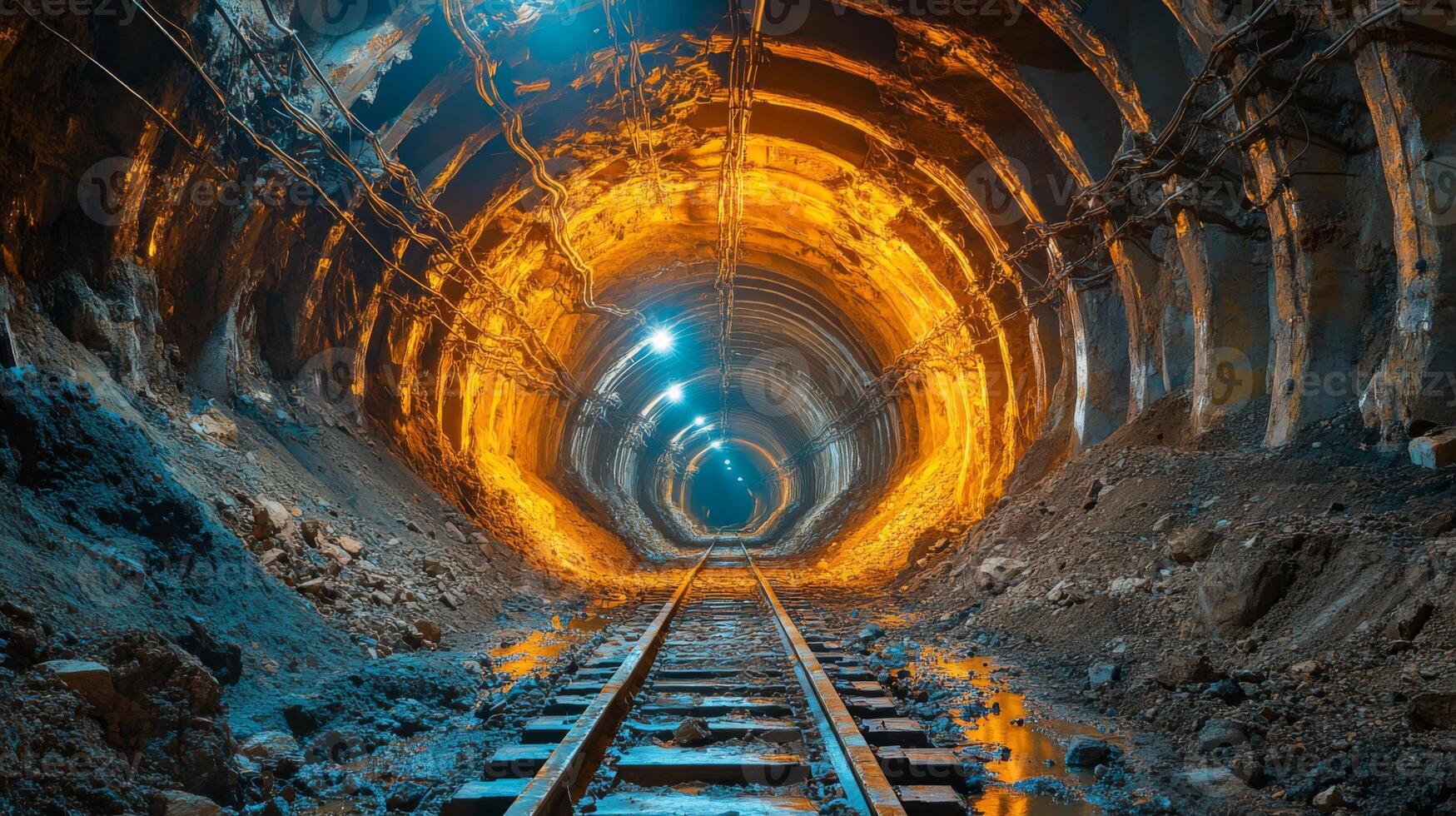 A well structured tunnel used for mineral extraction featuring railway tracks leading deep into the earth, illuminated by bright lights reflecting on the rocky surfaces. photo