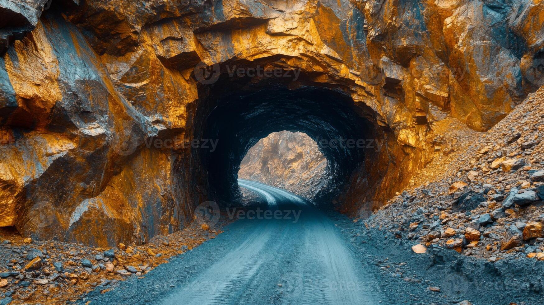 A winding road leads through a freshly excavated tunnel in rugged mountains, revealing the natural rock formations and highlighting the mining efforts in mineral extraction. photo