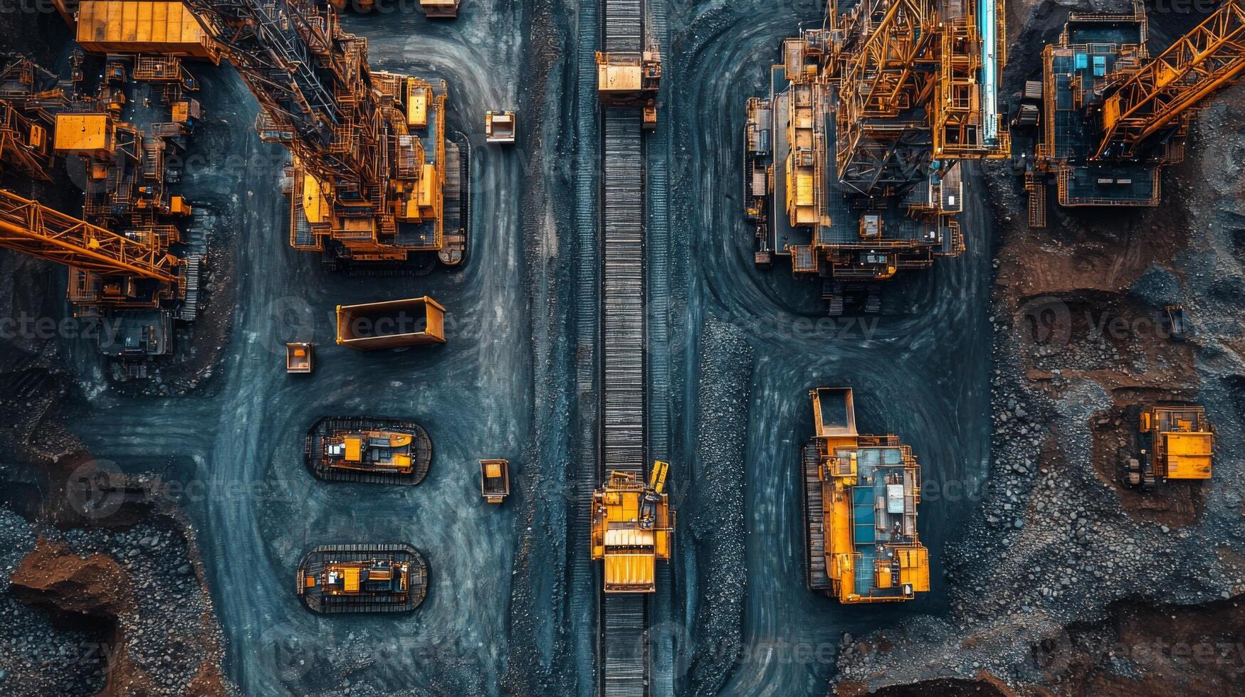 Heavy machinery operates on an expansive mining site, focused on excavation and mineral extraction. The scene showcases various drill rigs and transport vehicles in action. photo