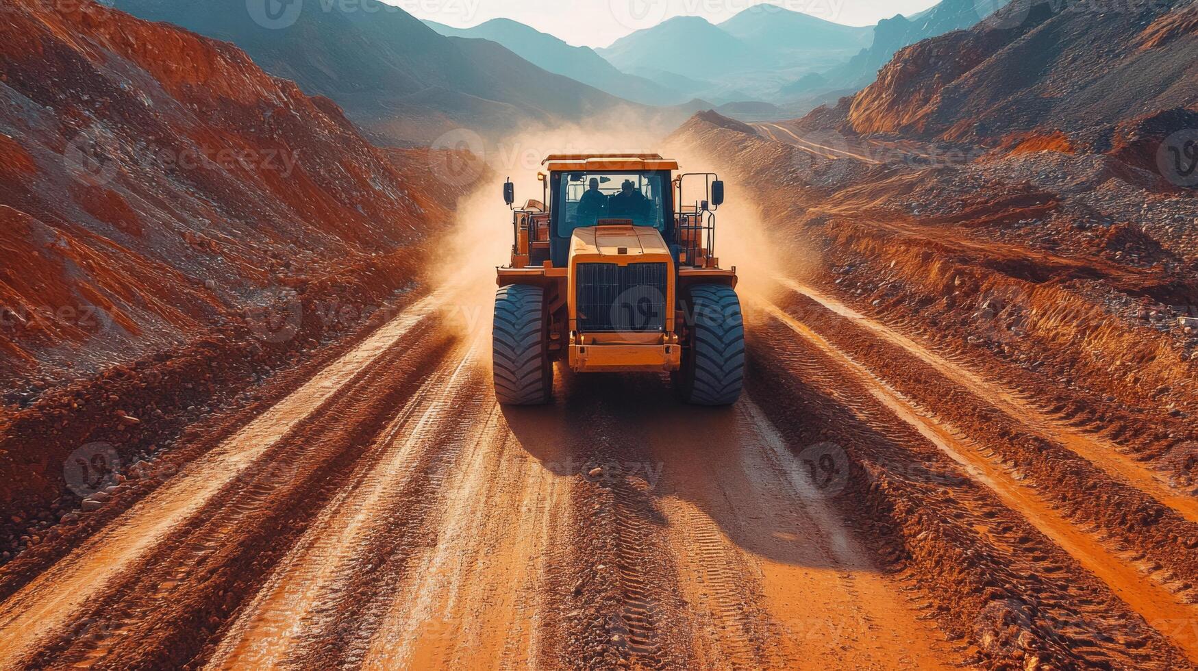 A large yellow bulldozer moves through a rocky terrain, kicking up dust on mining roads as the sun sets behind distant mountains, showcasing the scale of excavation efforts. photo