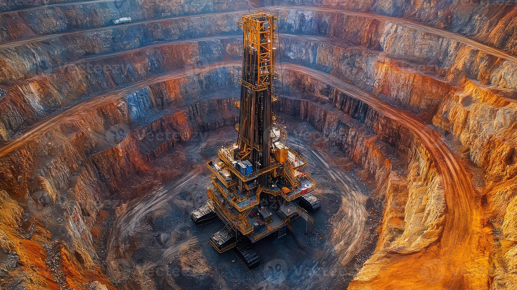 Drilling equipment towers over the expansive quarry, actively engaged in mineral extraction and excavation from the rich earth below. The quarry features steep walls of layered rock and dirt. photo